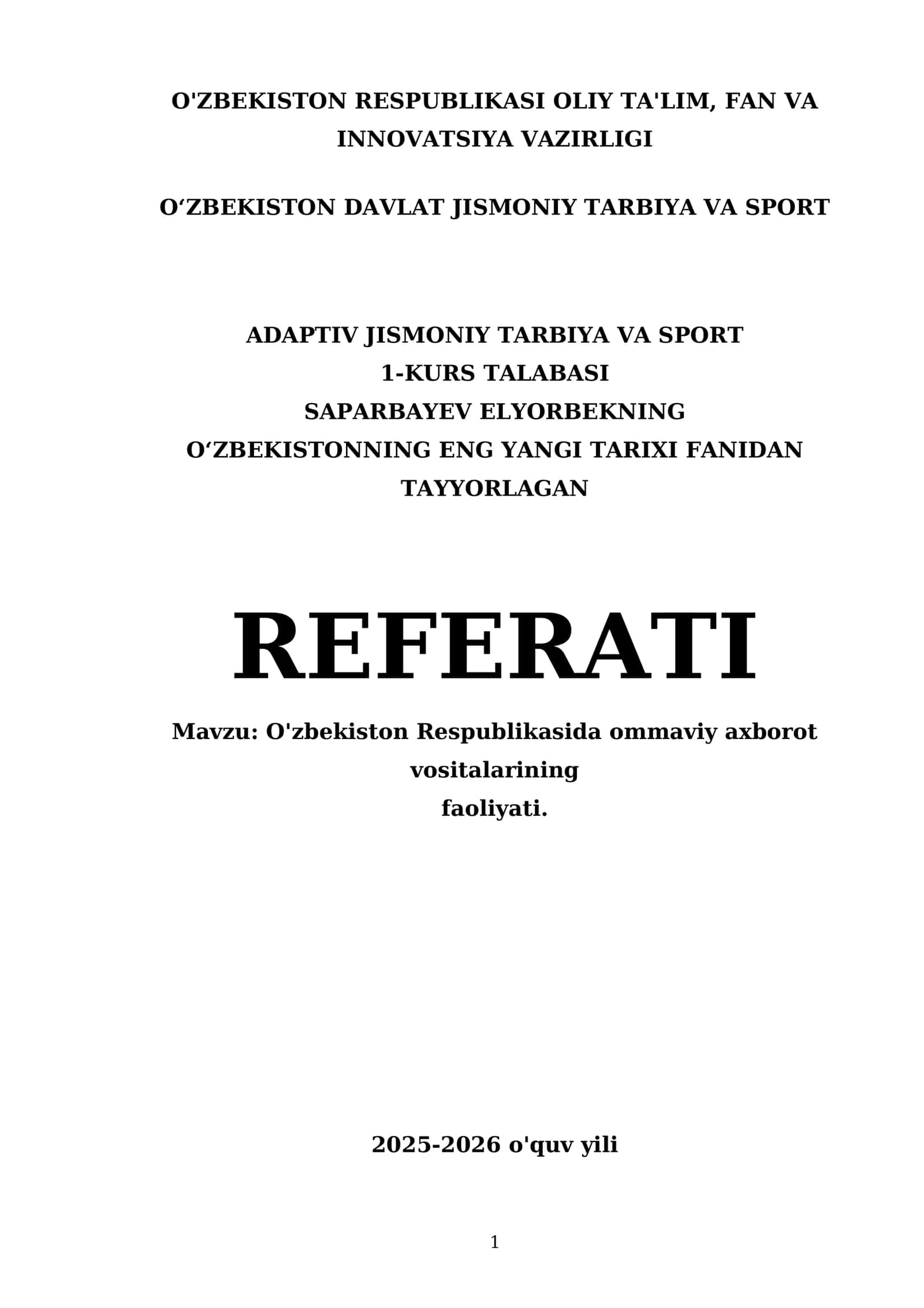 Oʻzbekistonning eng yangi tarixi fanidan tayyorlagan referat