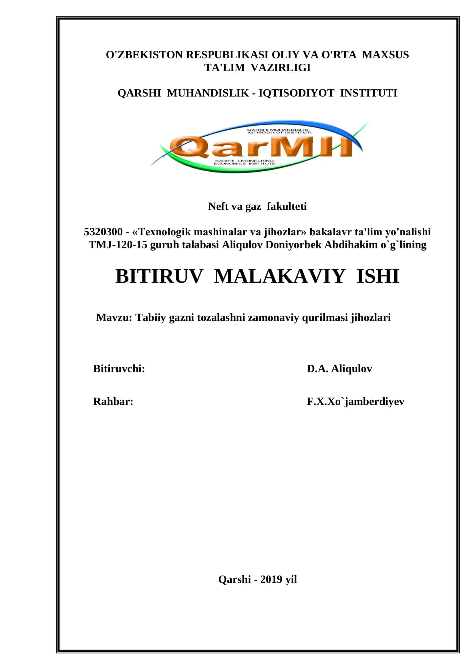 Tabiiy gazni tozalashni zamonaviy qurilmasi jihozlari