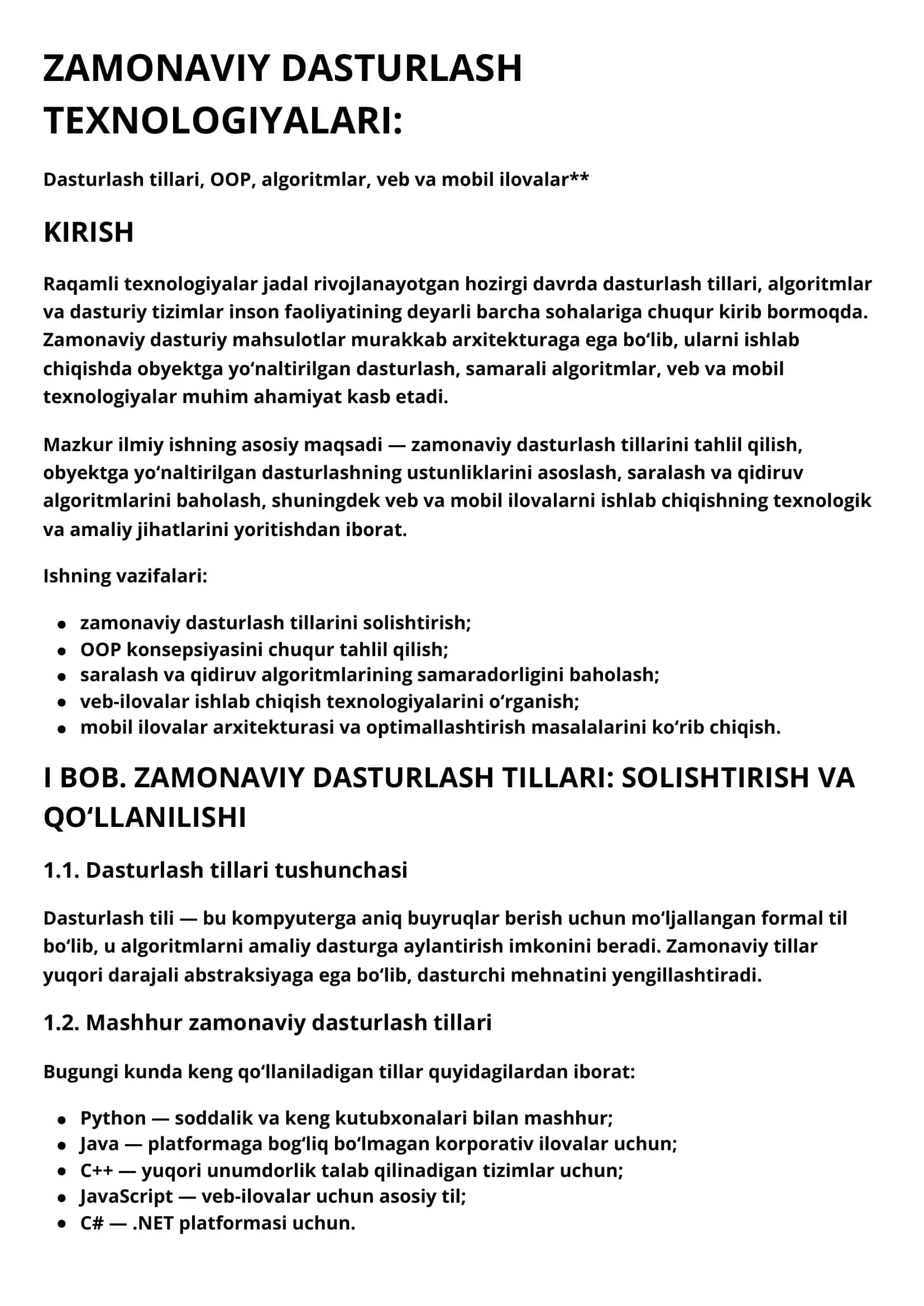 ZAMONAVIY DASTURLASH TEXNOLOGIYALARI