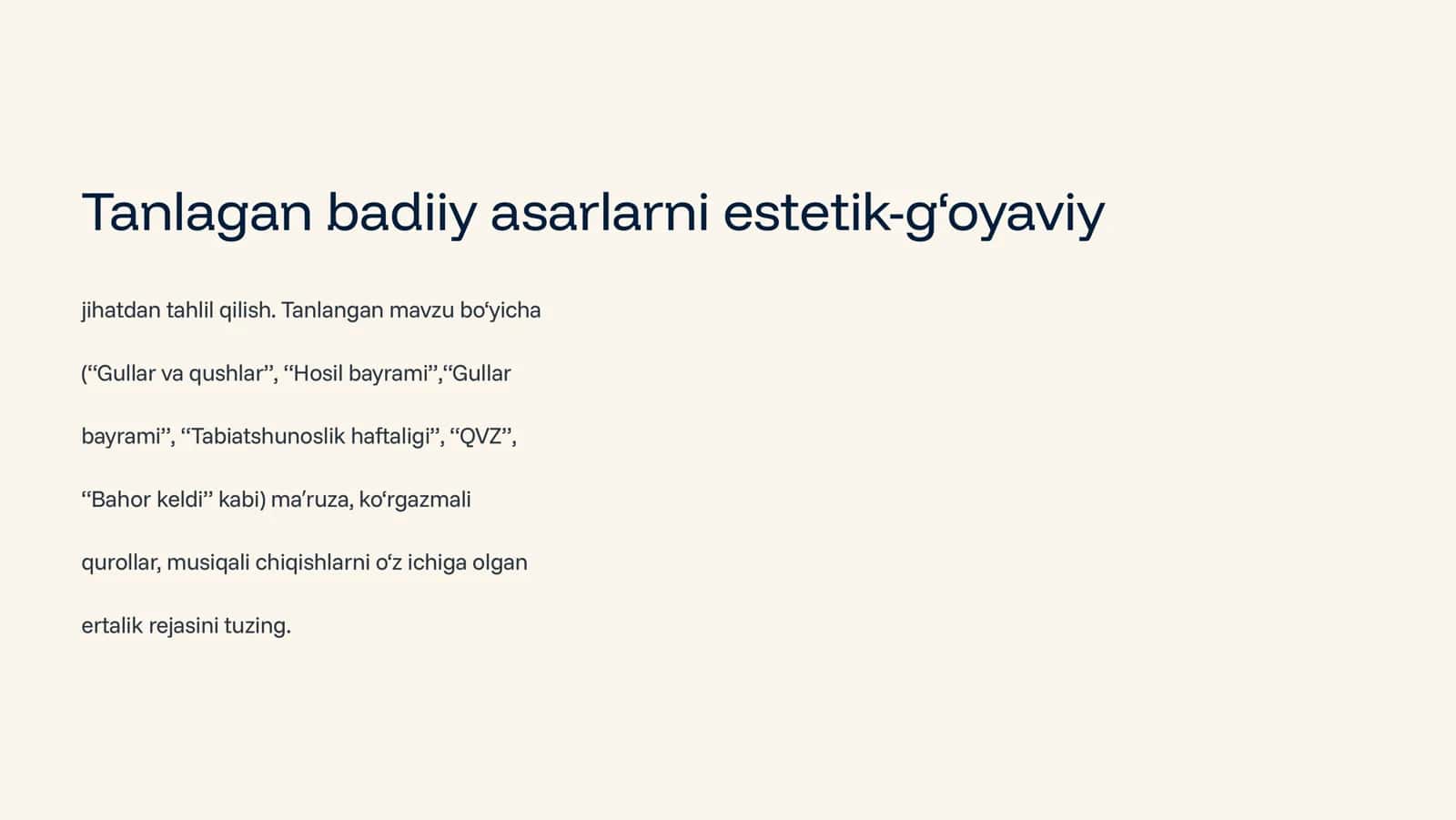 Tanlangan badiiy asarlarni estetik-g8oyaviy jihatdan tahlil qilish