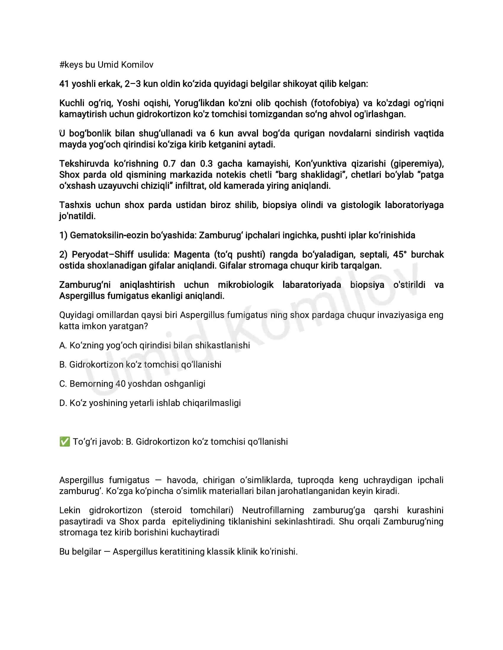 Klinik keys Gistologiya Zamburugʻli Keratit