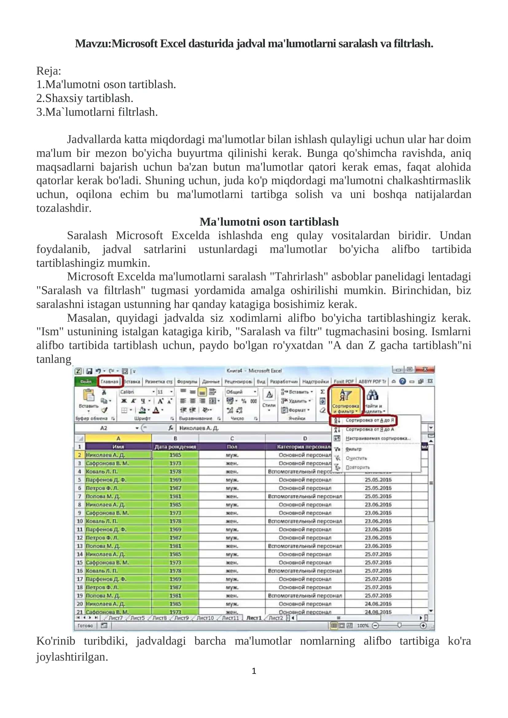 Microsoft Excel dasturida jadval ma'lumotlarni saralash va filtrlash