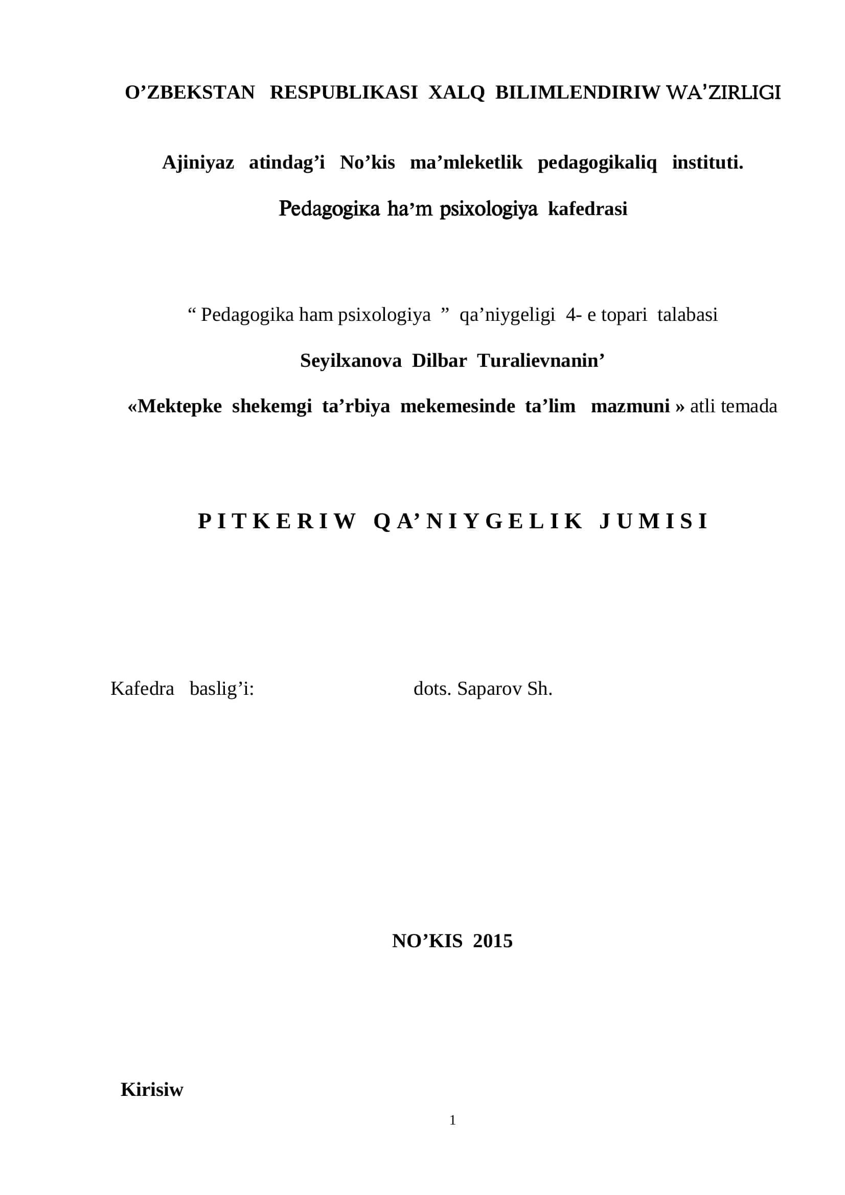 MEKTEPKE SHEKEMGI TA’LIMNIN’ XALIQ BILIMLENDIRIW SISTEMASINDA TUTQAN ORNI