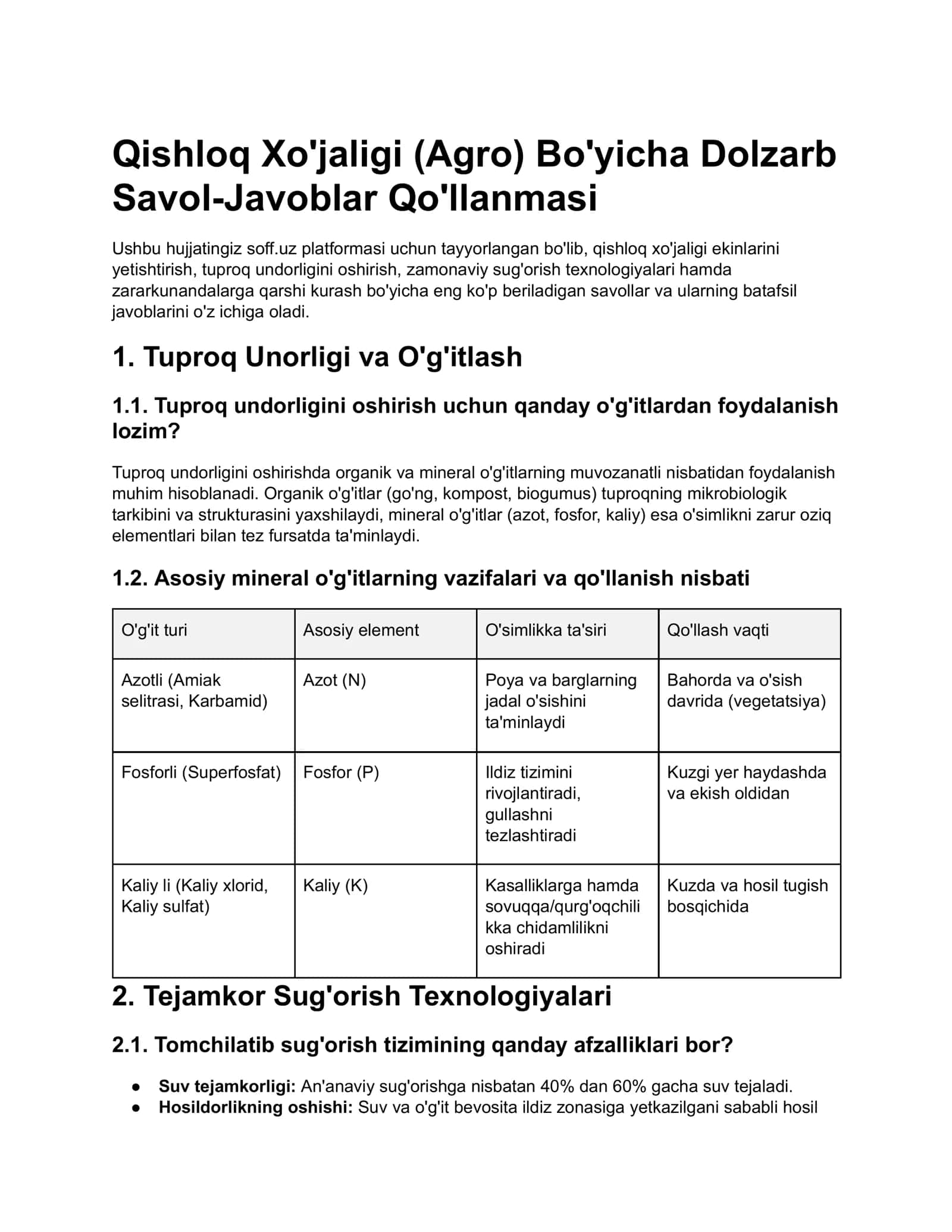 Qishloq xo'jaligi (Agro) bo'yicha dolzarb savol-javoblar qo'llanmasi
