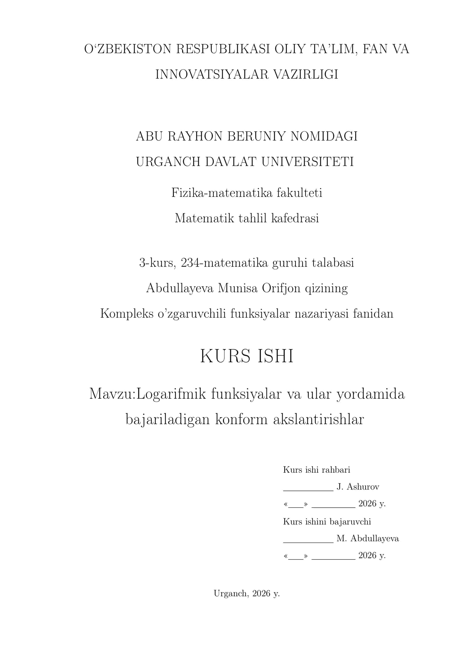 Logorifmik funksiyalar va ular yordamida bajariladigan konform akslantirishlar