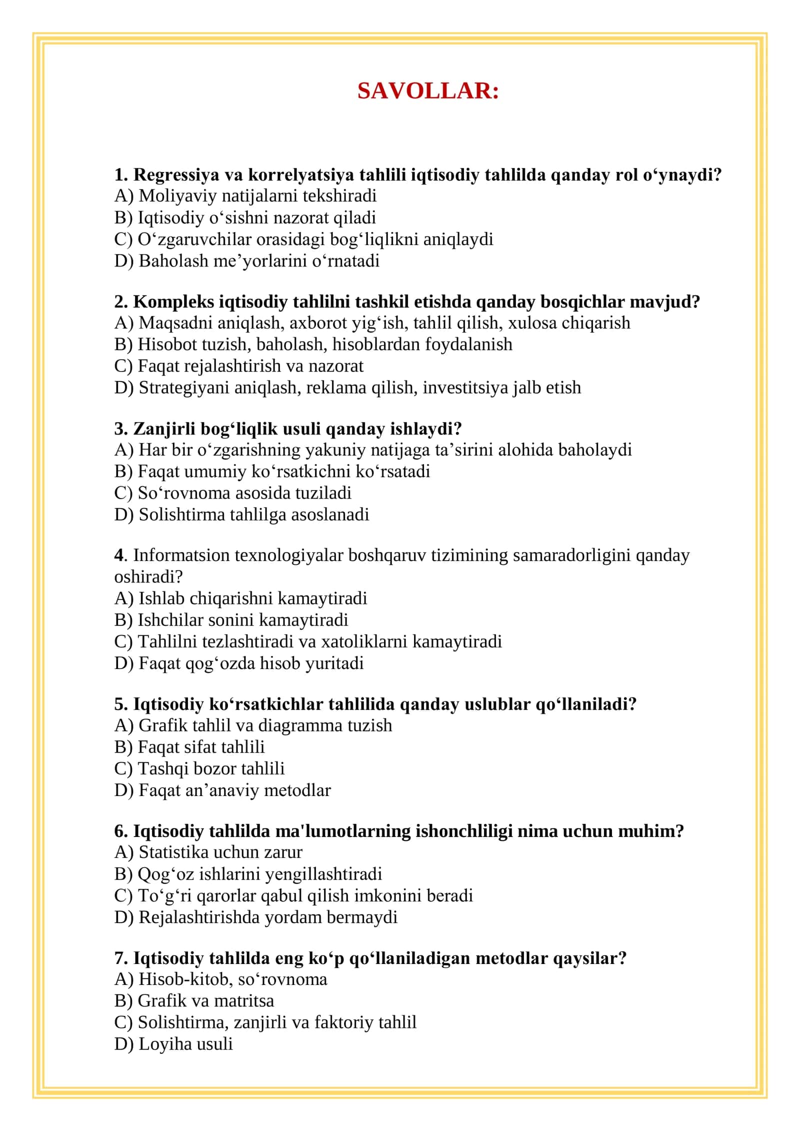 TEST iqtisod Savollar va javoblar