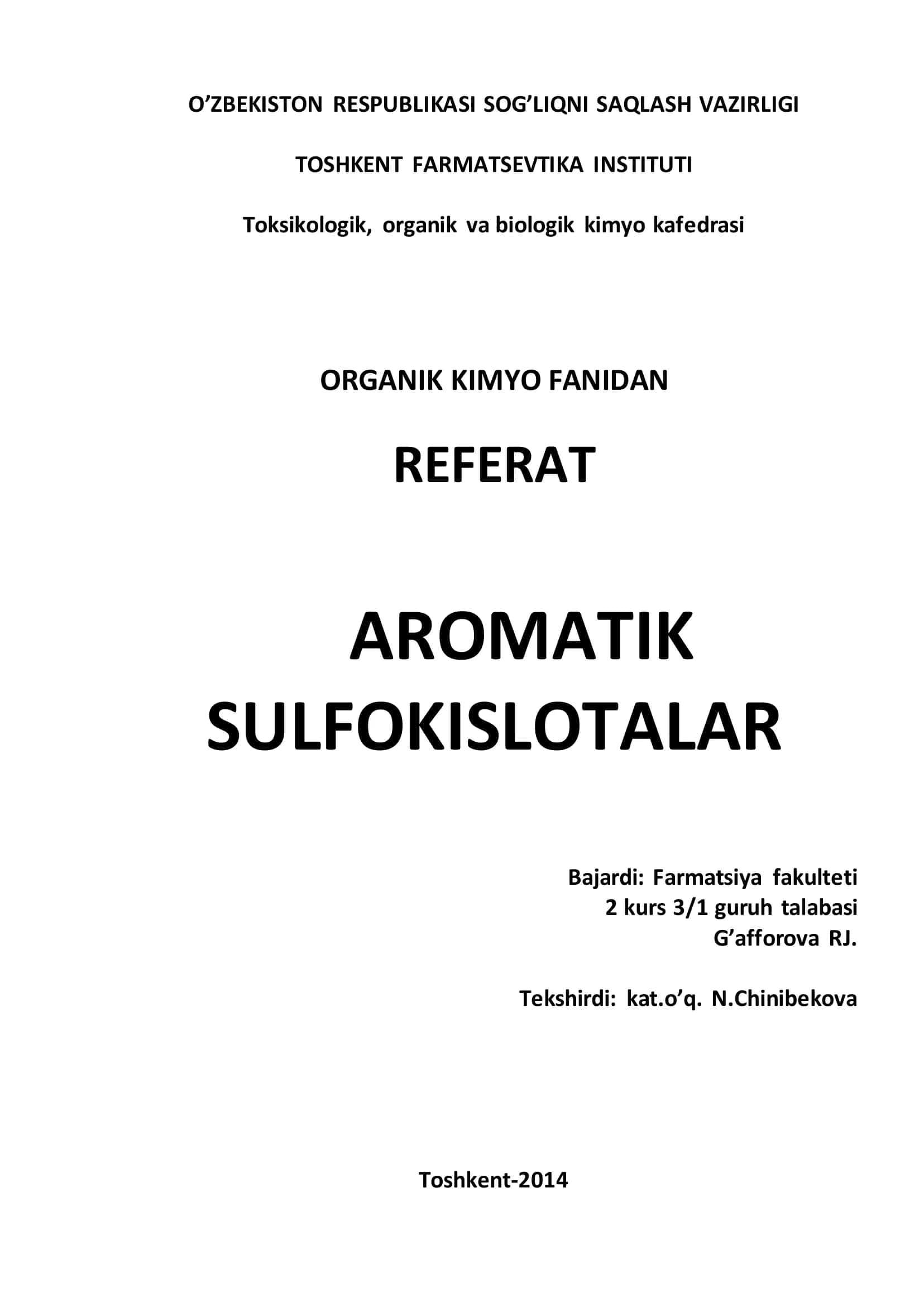 AROMATIK SULFOKISLOTALAR REFERAT