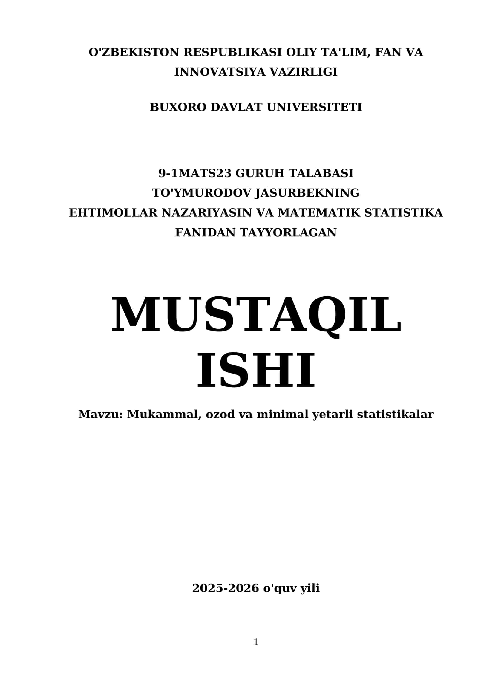 Mukammal, ozod va minimal yetarli statistikalar