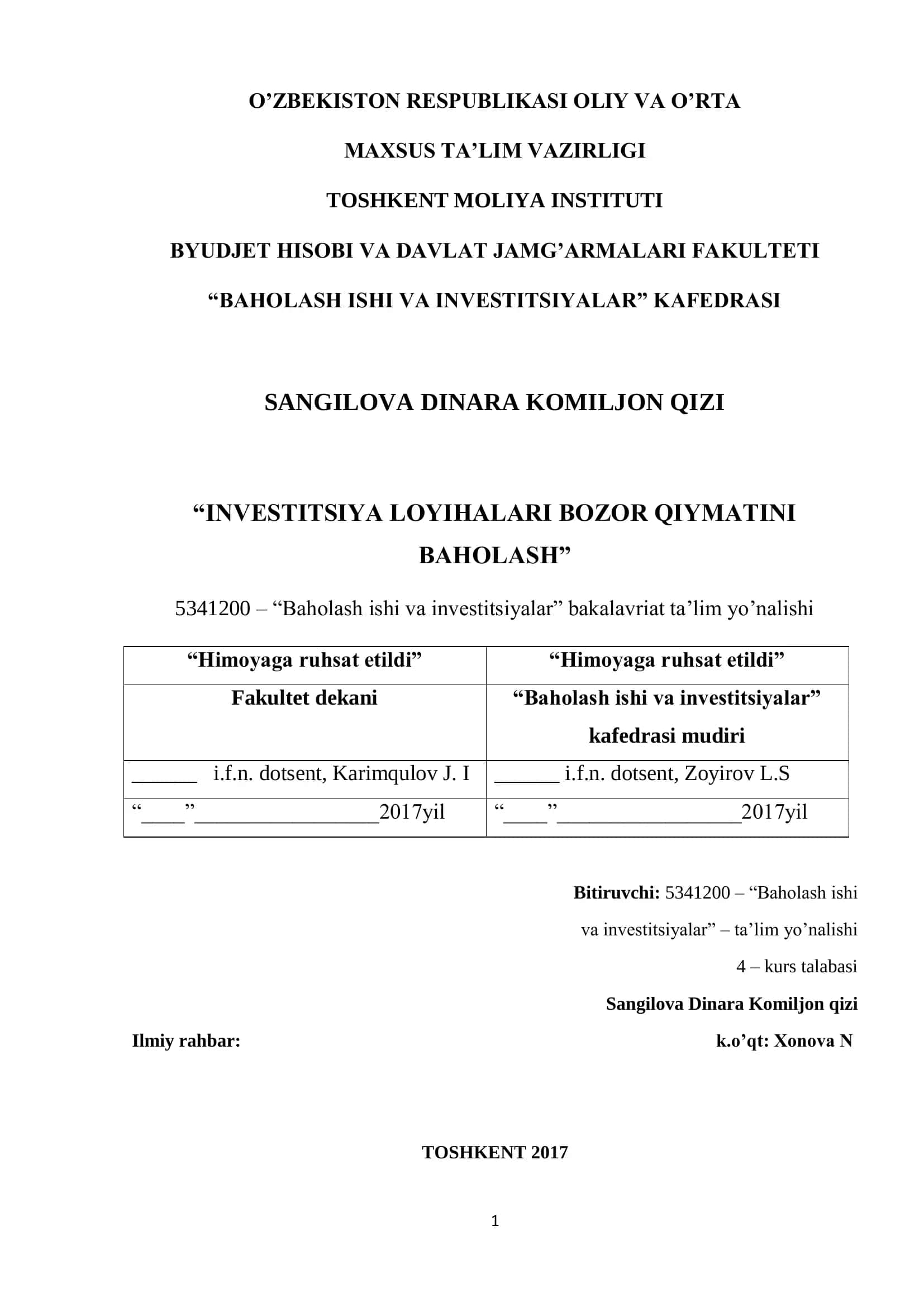 Baholash ishi va investitsiyalar
