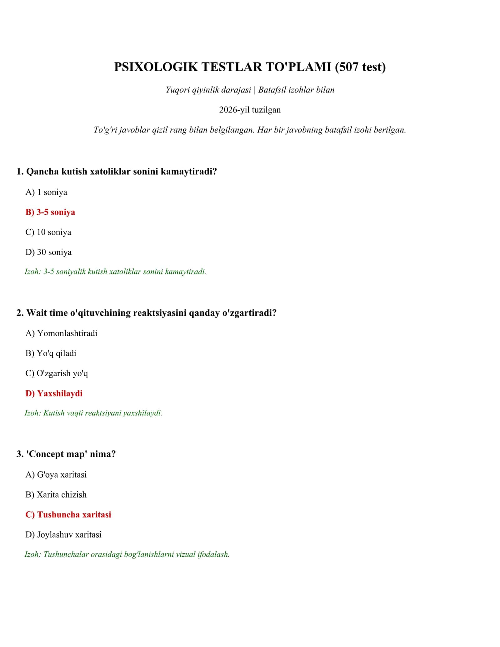 PSIXOLOGIK TESTLAR TO'PLAMI (507 test)