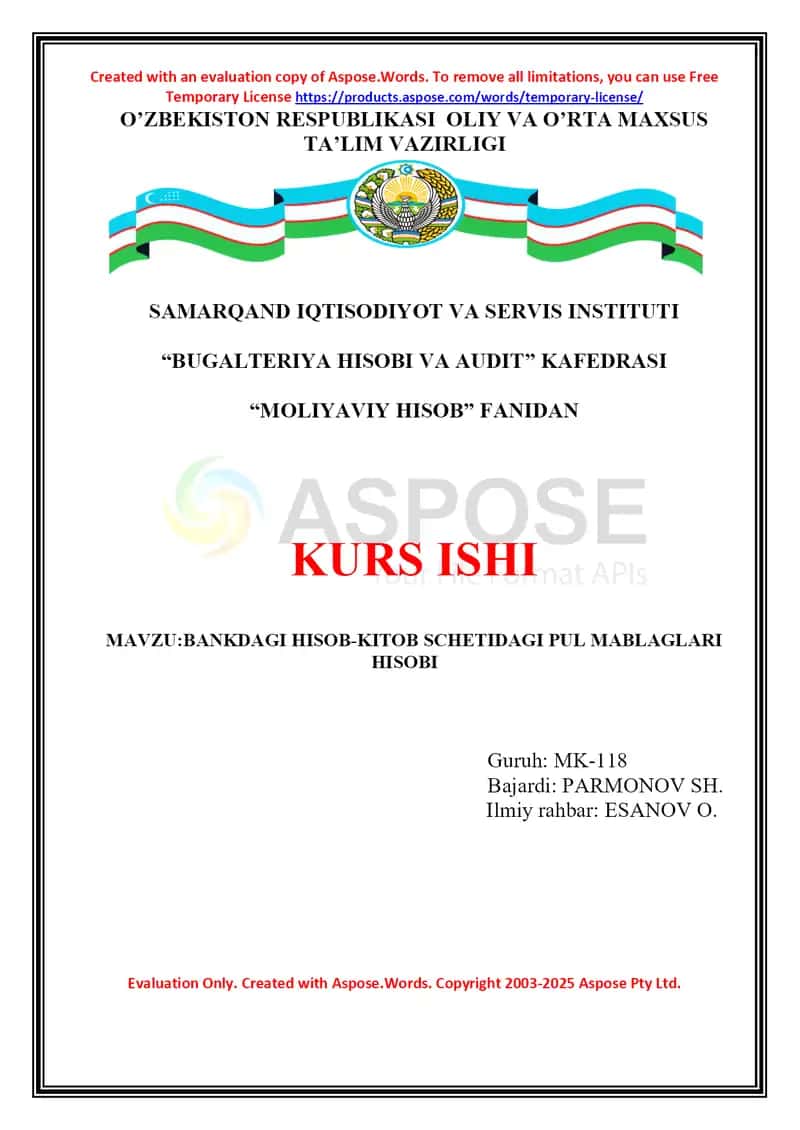 Kurs ishi "Bankdagi hisob-kitob schyetidagi pul mablag‘lari hisobi"