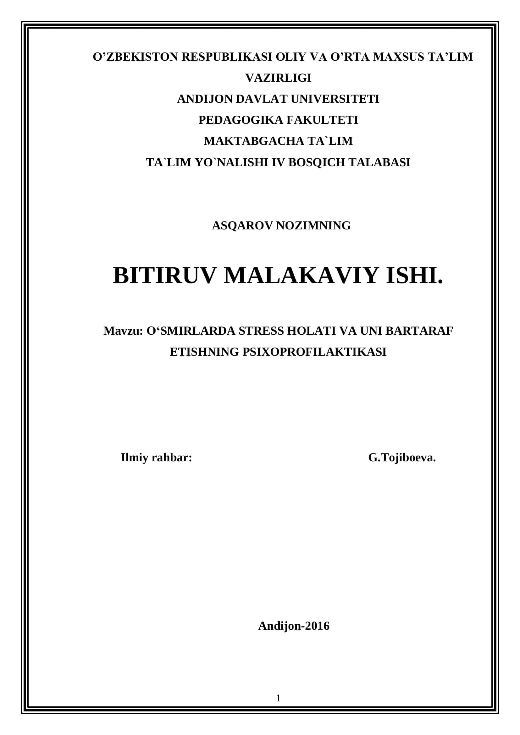 O‘SMIRLARDA STRESS HOLATI VA UNI BARTARAF ETISHNING PSIXOPROFILAKTIKASI