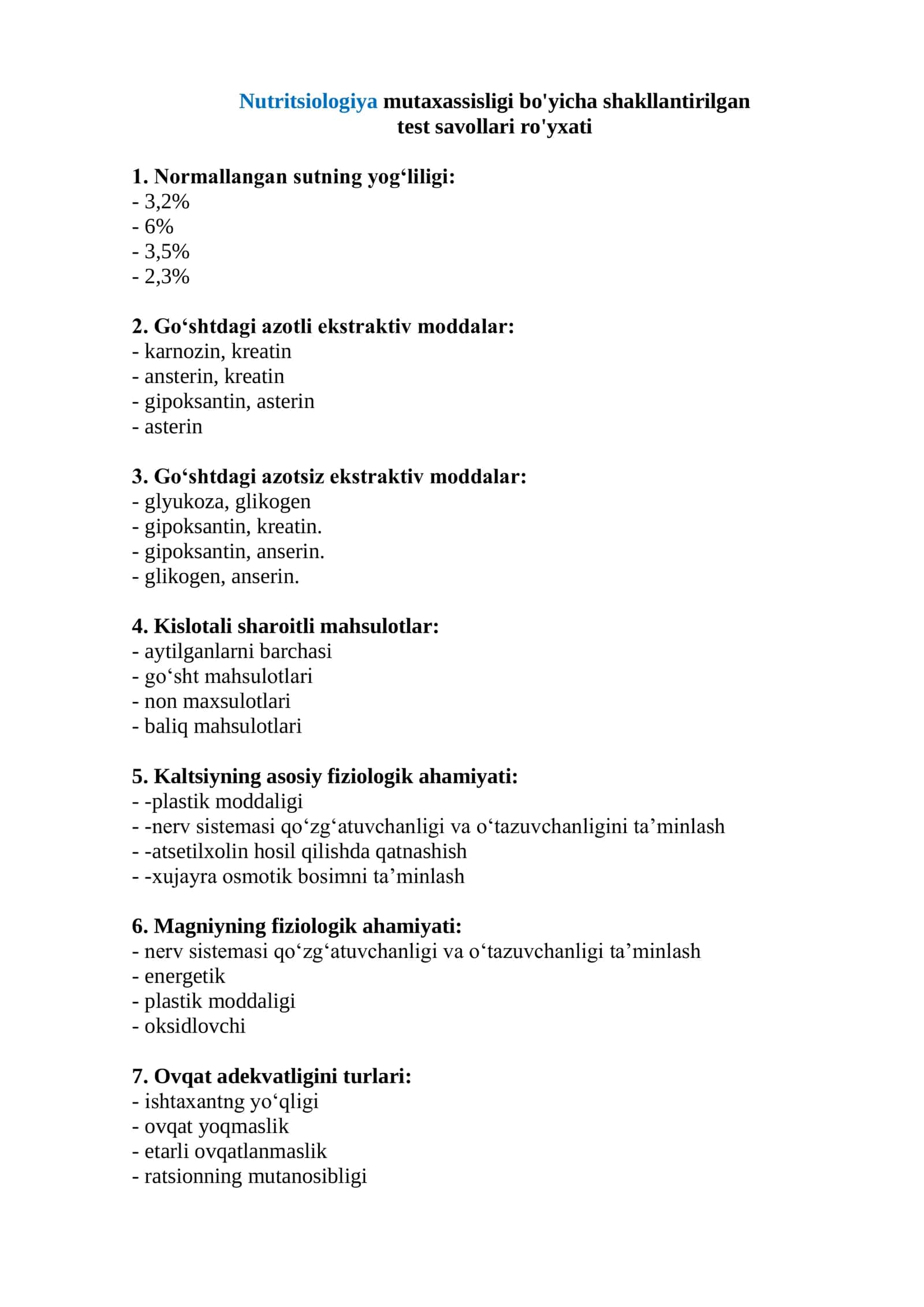 Nutritsiologiya mutaxassisligi bo'yicha shakllantirilgan test savollari ro'yxati 2026