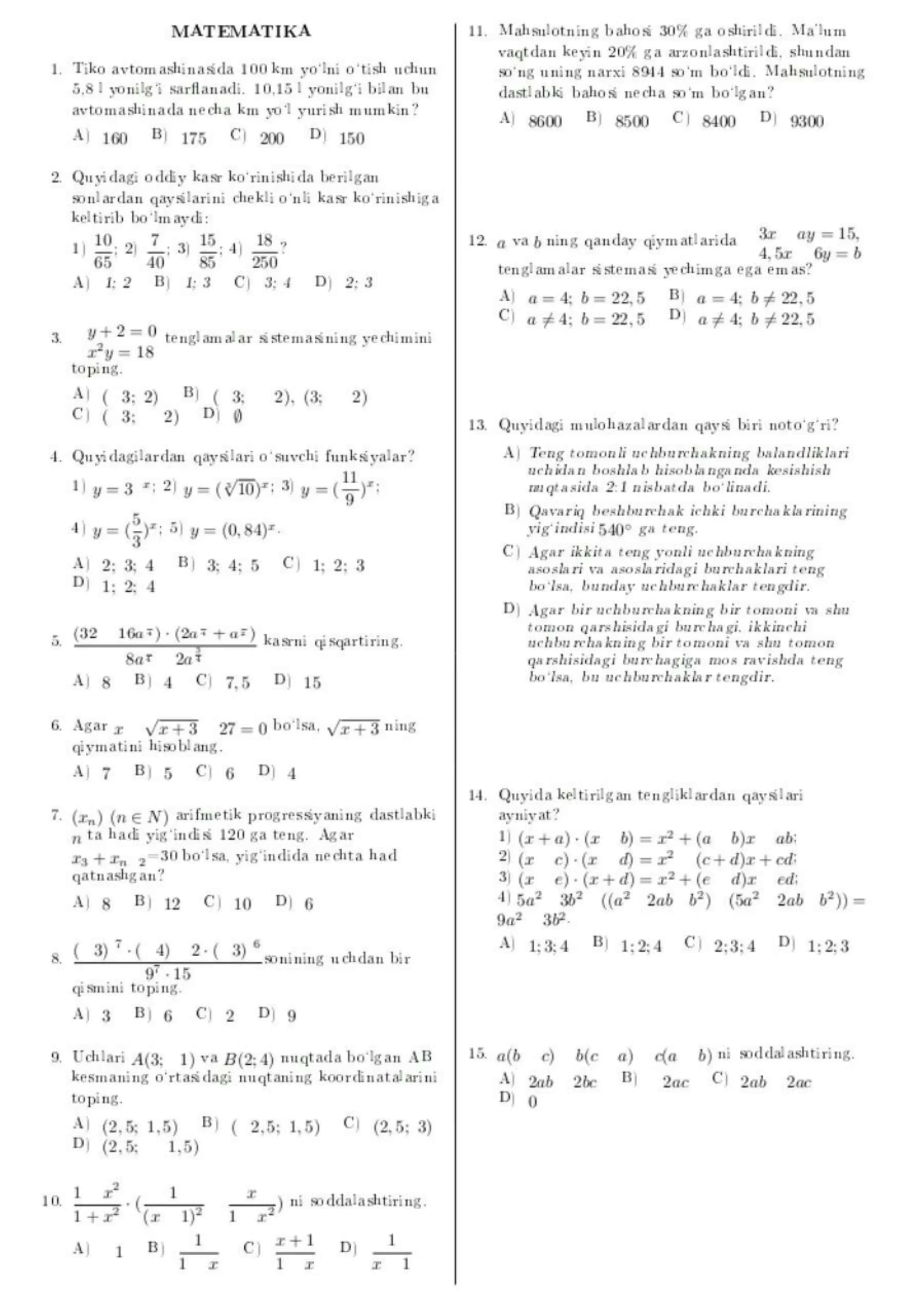 Matematika test