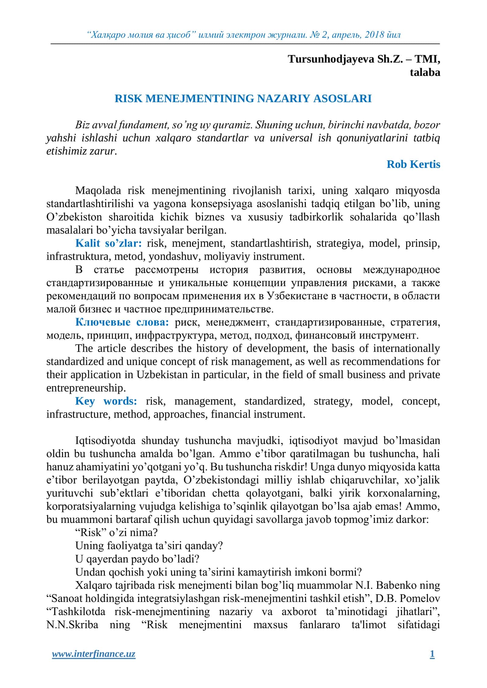 "RISK MENEJMENTINING NAZARIY ASOSLARI"