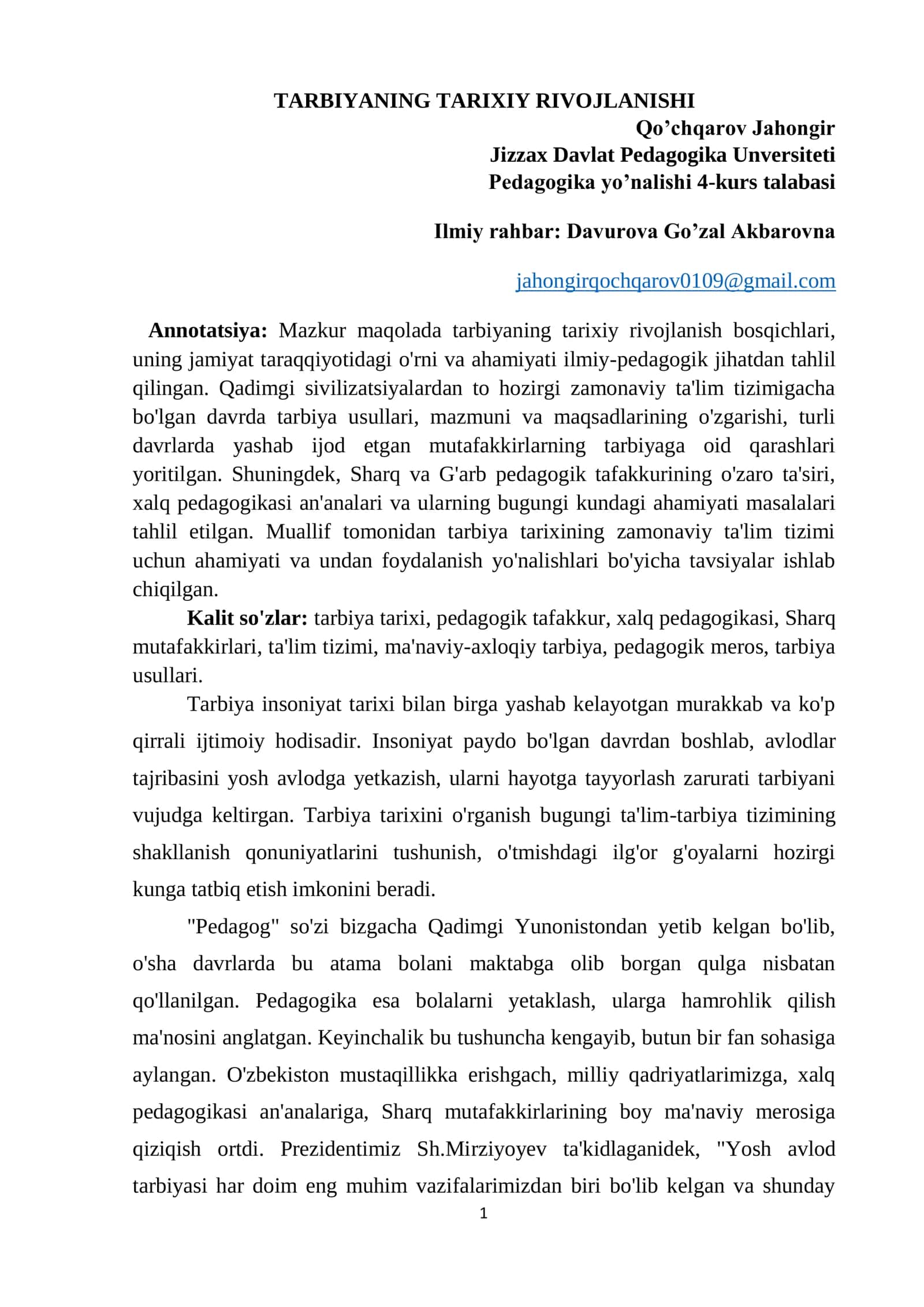 TARBIYANING TARIXIY RIVOJLANISHI