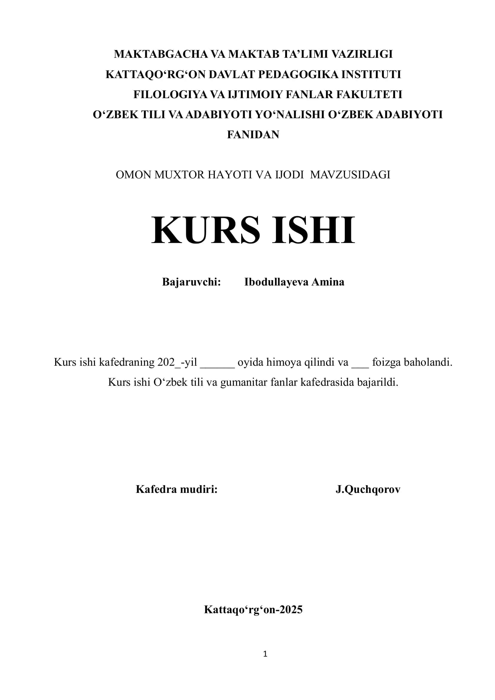 Omon Muxtor Hayoti va Ijodi Mavzusidagi Kurs Ishi