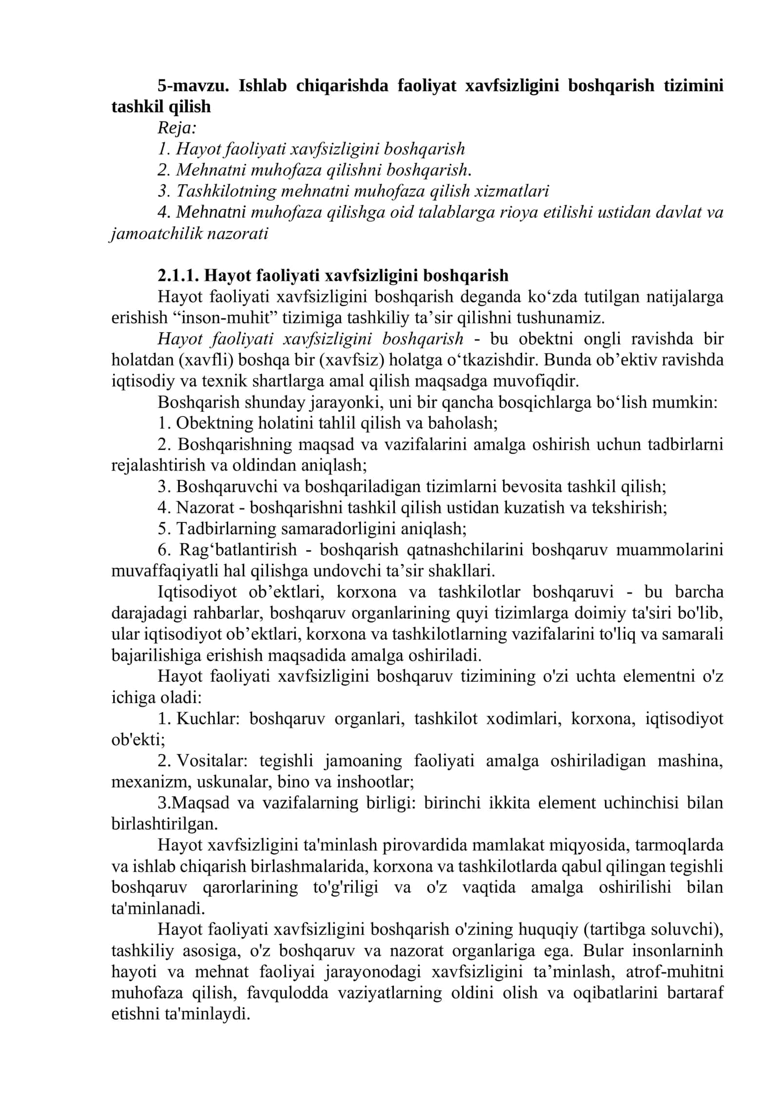 Ishlab chiqarishda faoliyat xavfsizligini boshqarish tizimini tashkil qilish