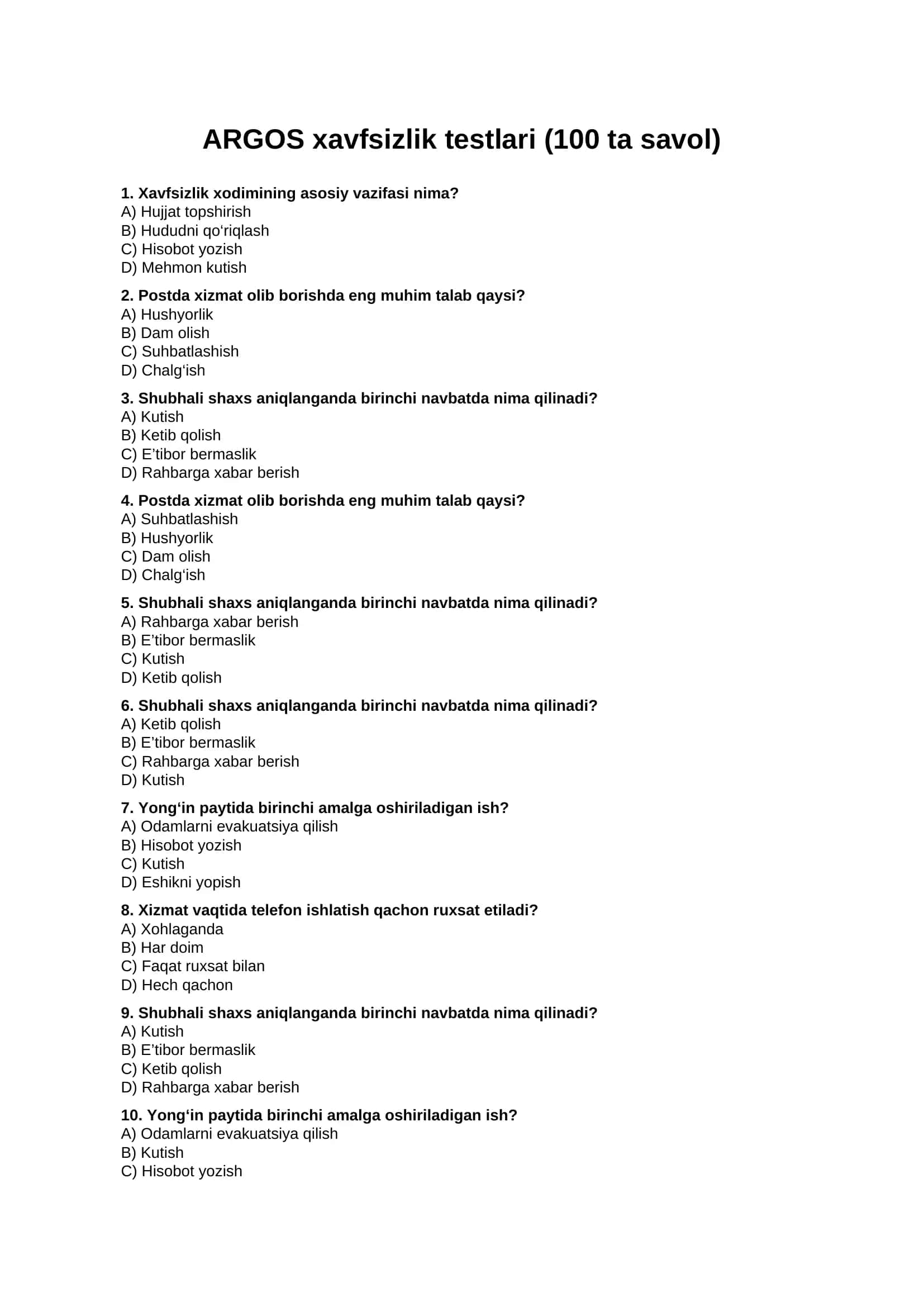 Argos test savollari 100 ta