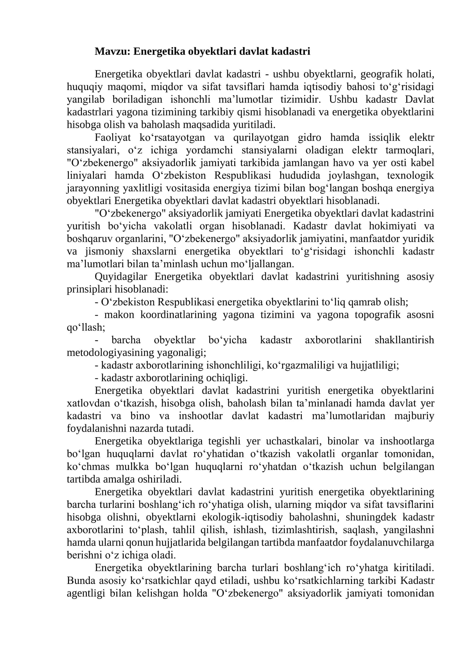 Energetika obyektlari davlat kadastri