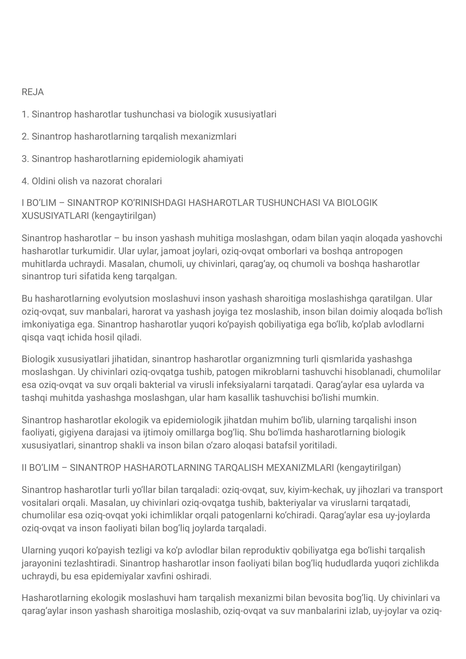 Sinantrop hasharotlar tushunchasi va biologik xususiyatlari