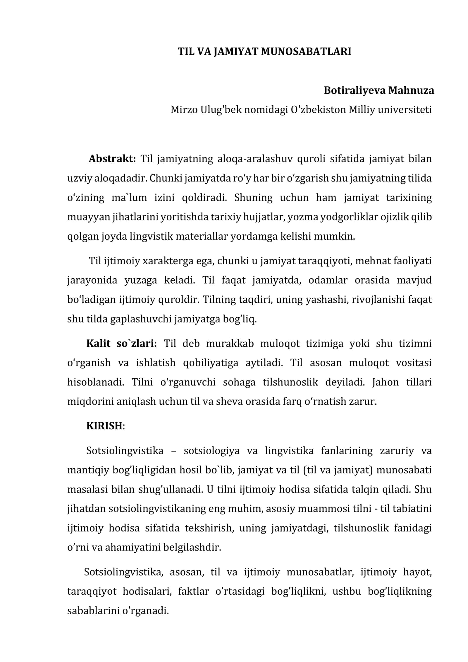 TIL VA JAMIYAT MUNOSABATLARI