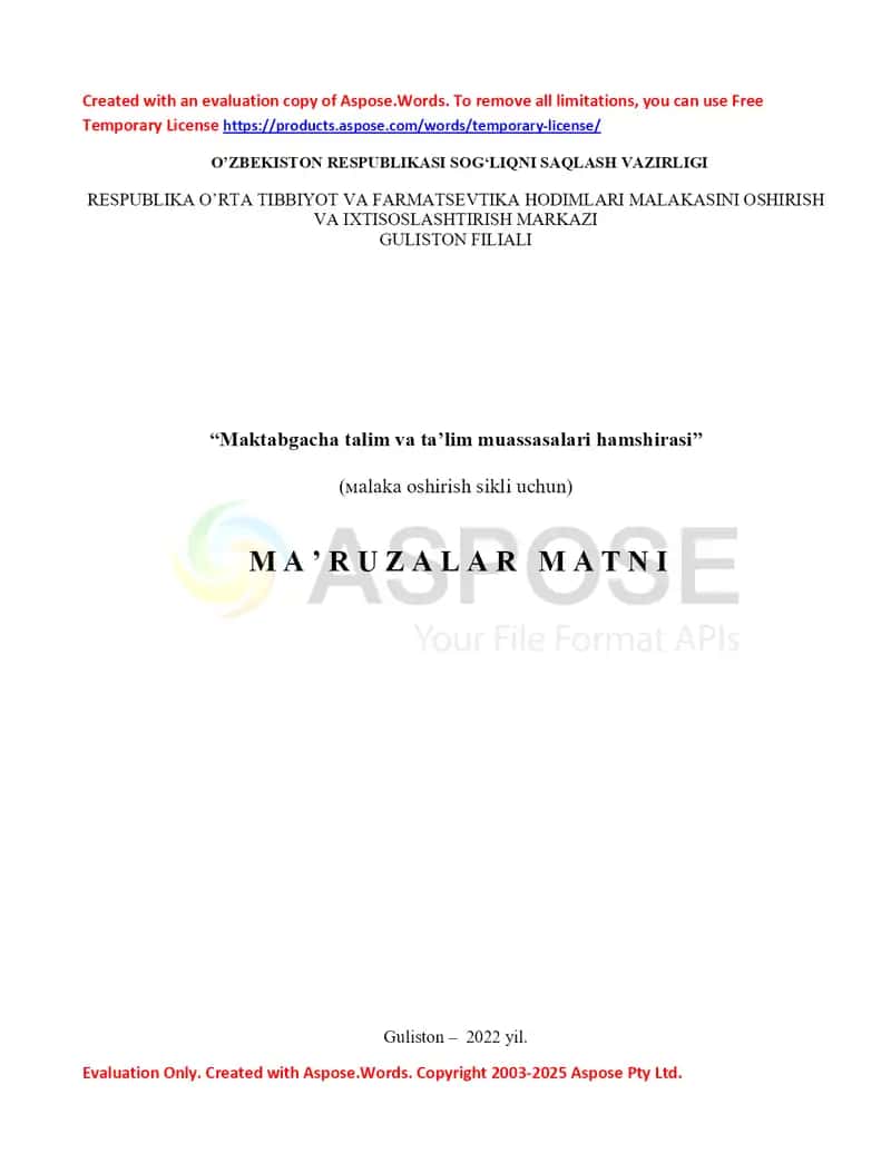 Maktabgacha ta'lim va ta'lim muassasalari hamshirasi (malaka oshirish sikli uchun) ma’ruza matni