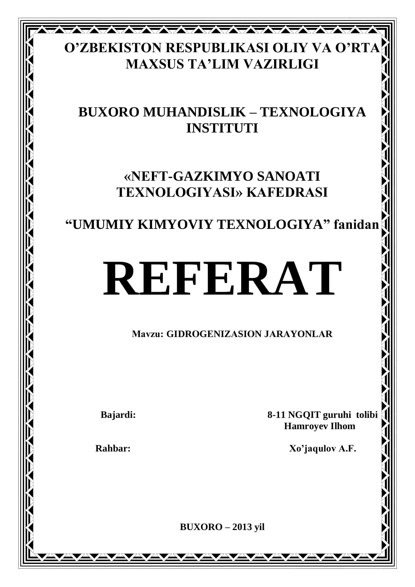 GIDROGENIZATSIYASIYA JARAYONLARI