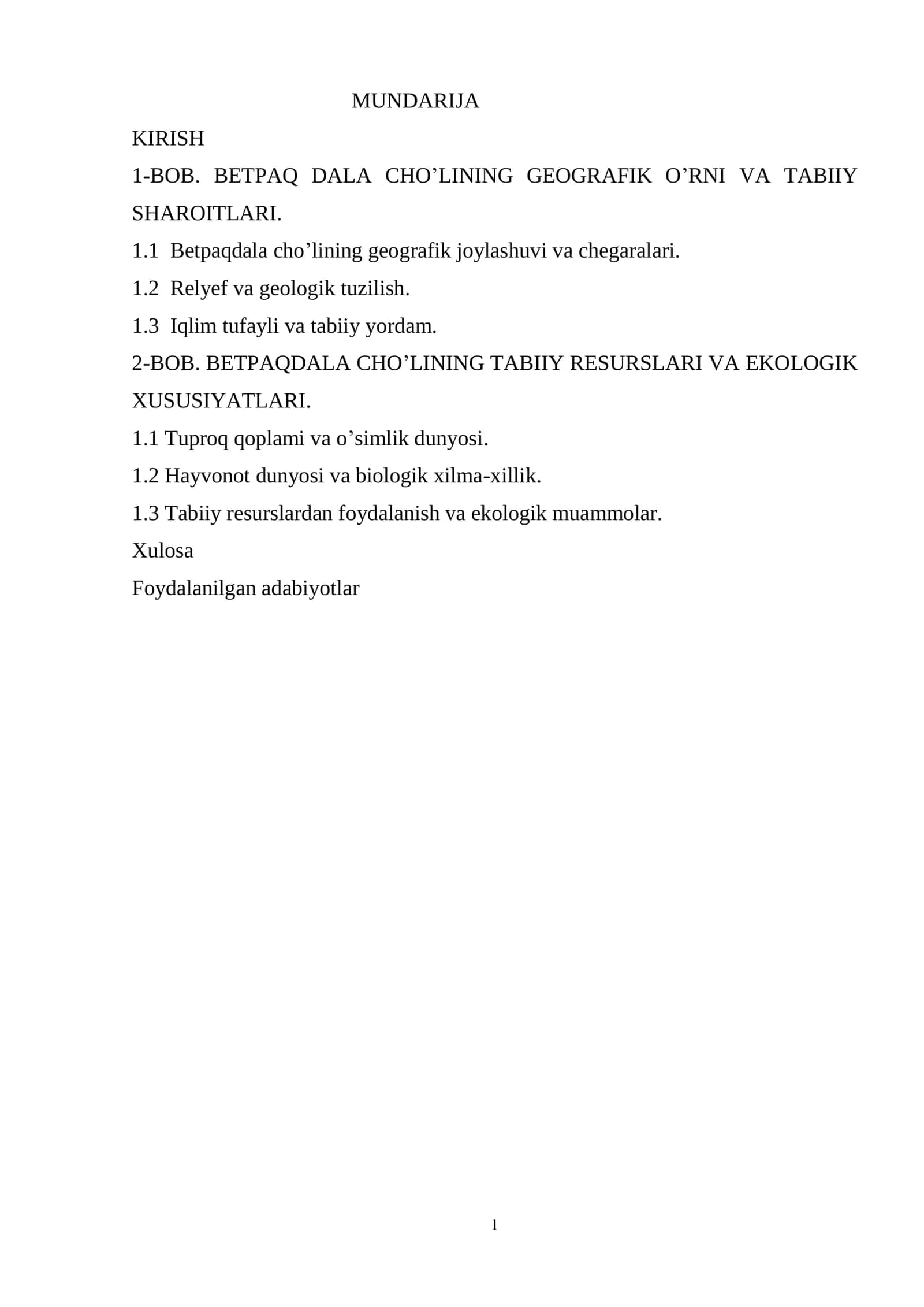 BOB. BETPAQDALA CHO’LINING TABIIY RESURSLARI VA EKOLOGIK XUSUSIYATLARI
