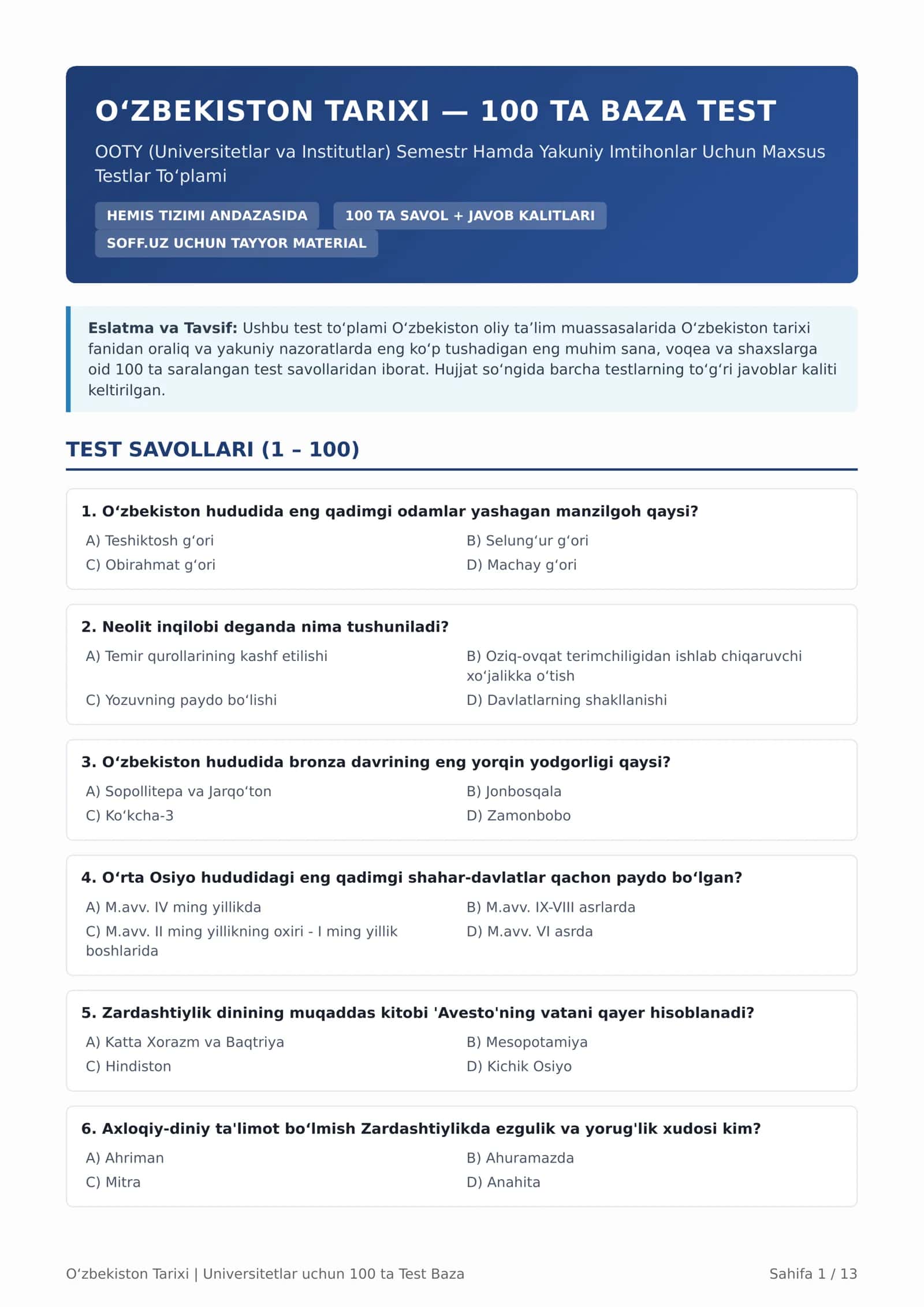 O'zbekiston tarixi  100 ta test to'plami