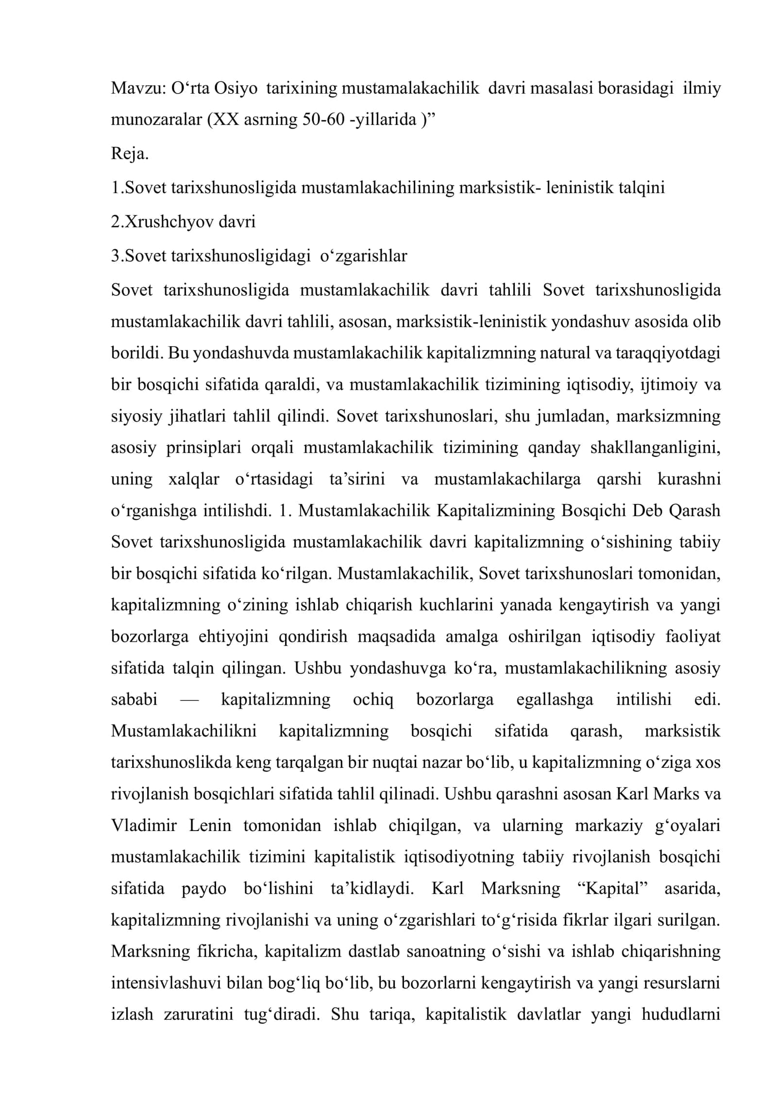 O‘rta Osiyo tarixining mustamlakachilik davri masalasi borasidagi ilmiy munozaralar (XX asrning 50-60 -yillarida )