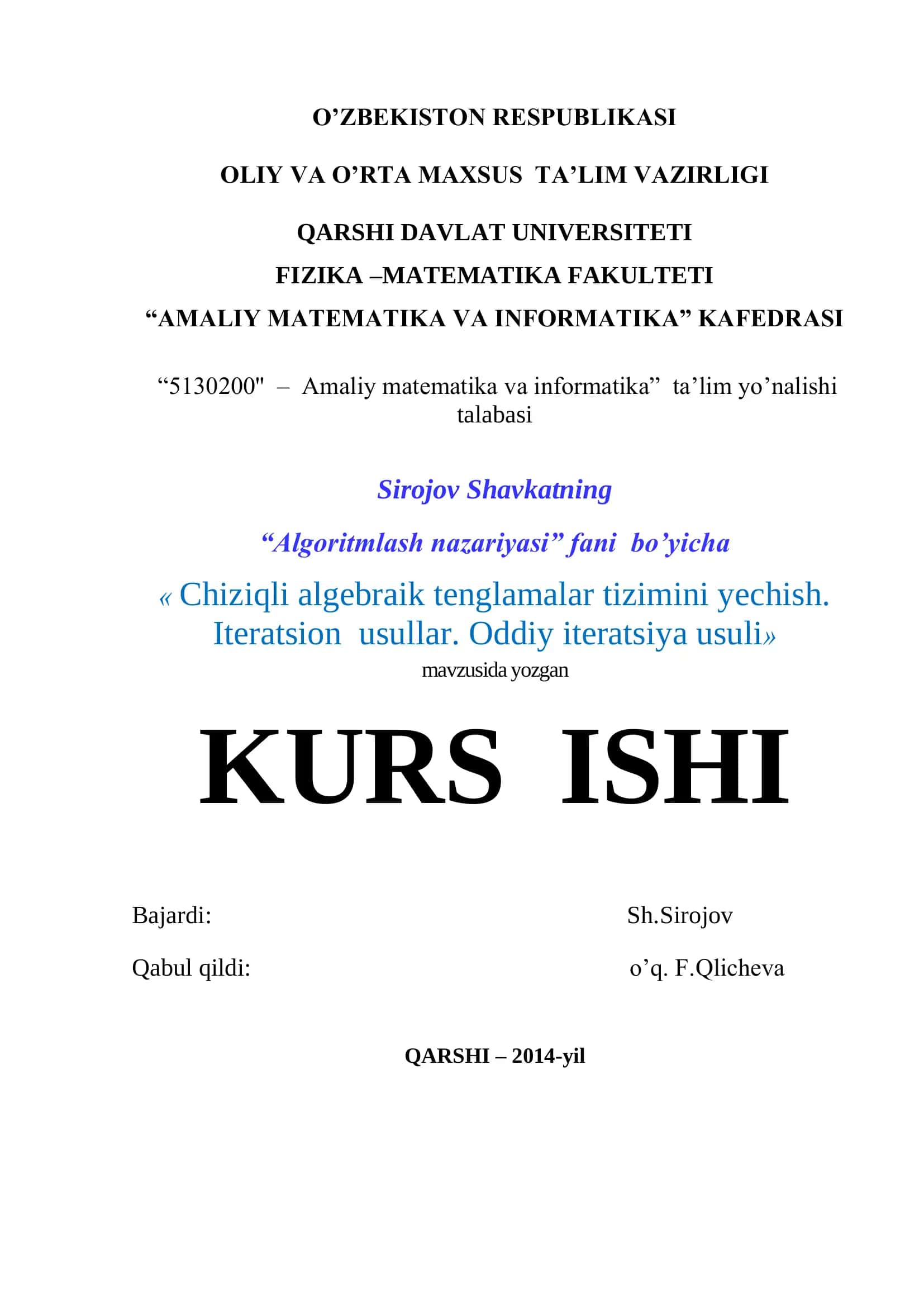Amaliy Matematika va Informatika Kurs Ishi