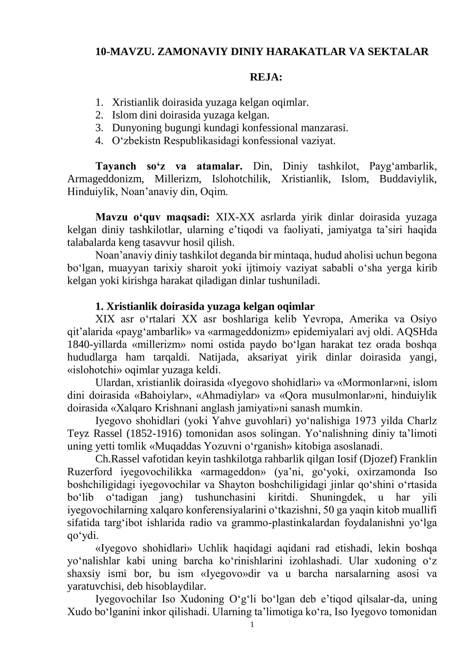 ZAMONAVIY DINIY HARAKATLAR VA SEKTALAR