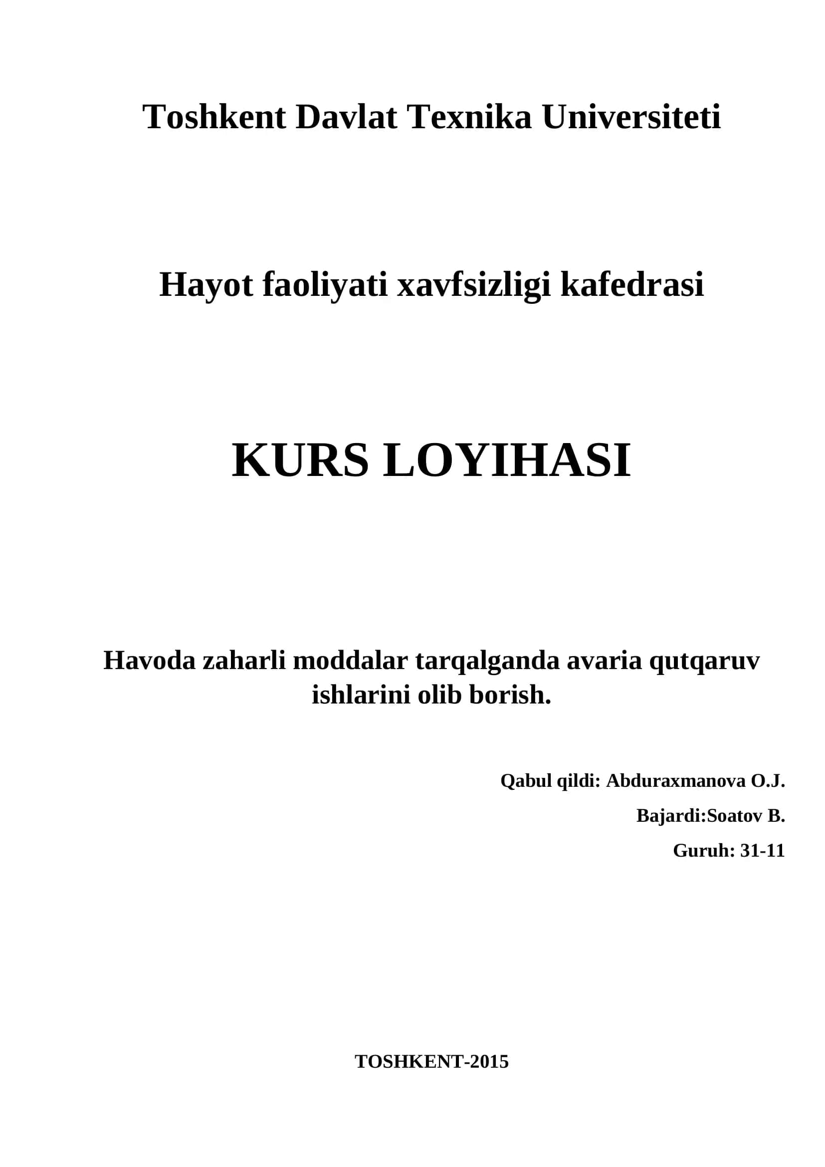 Zaharli Moddalar Tarqalganda Avaria Qutqaruv