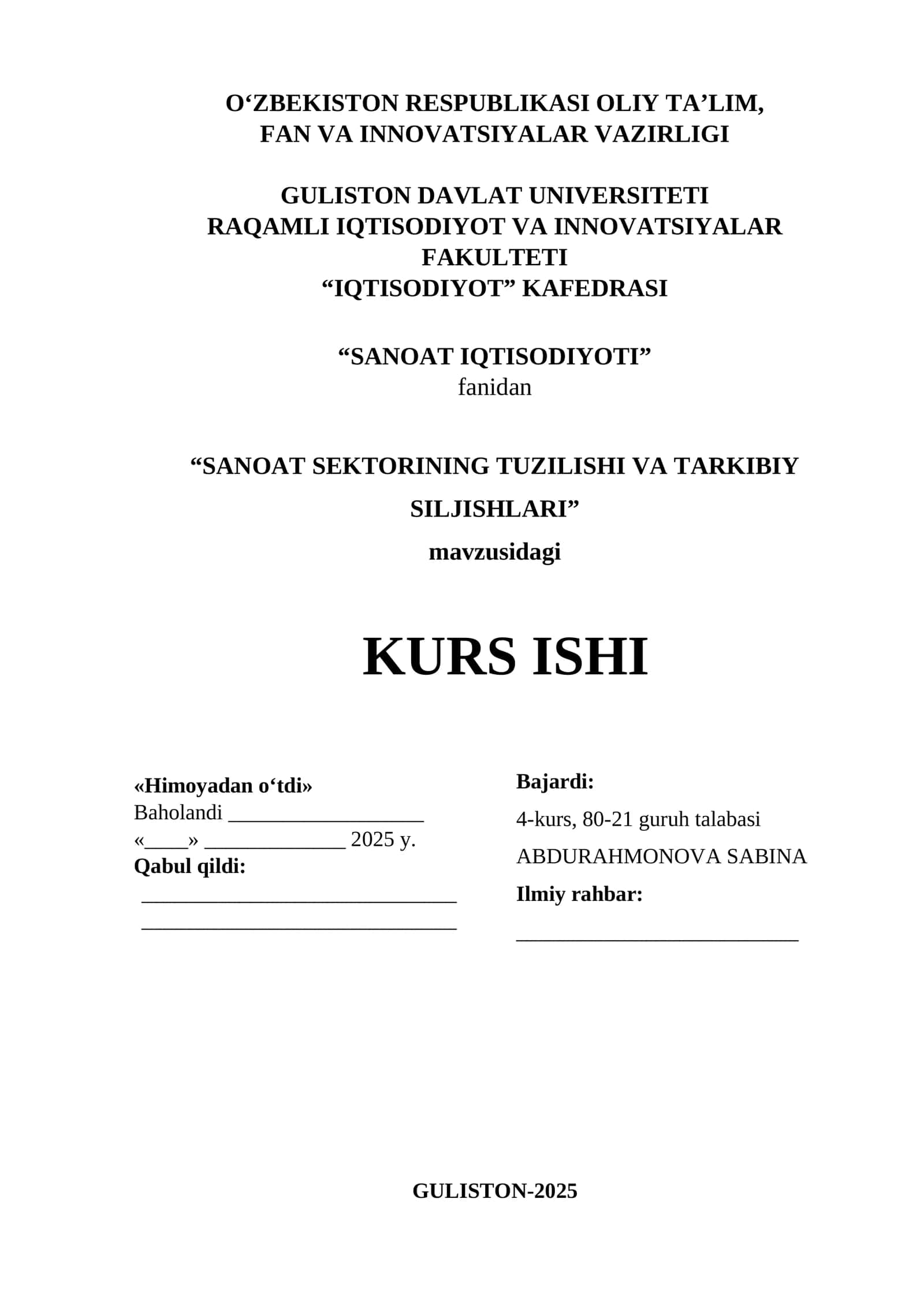 SANOAT SEKTORINING TUZILISHI VA TARKIBIY SILJISHLARI