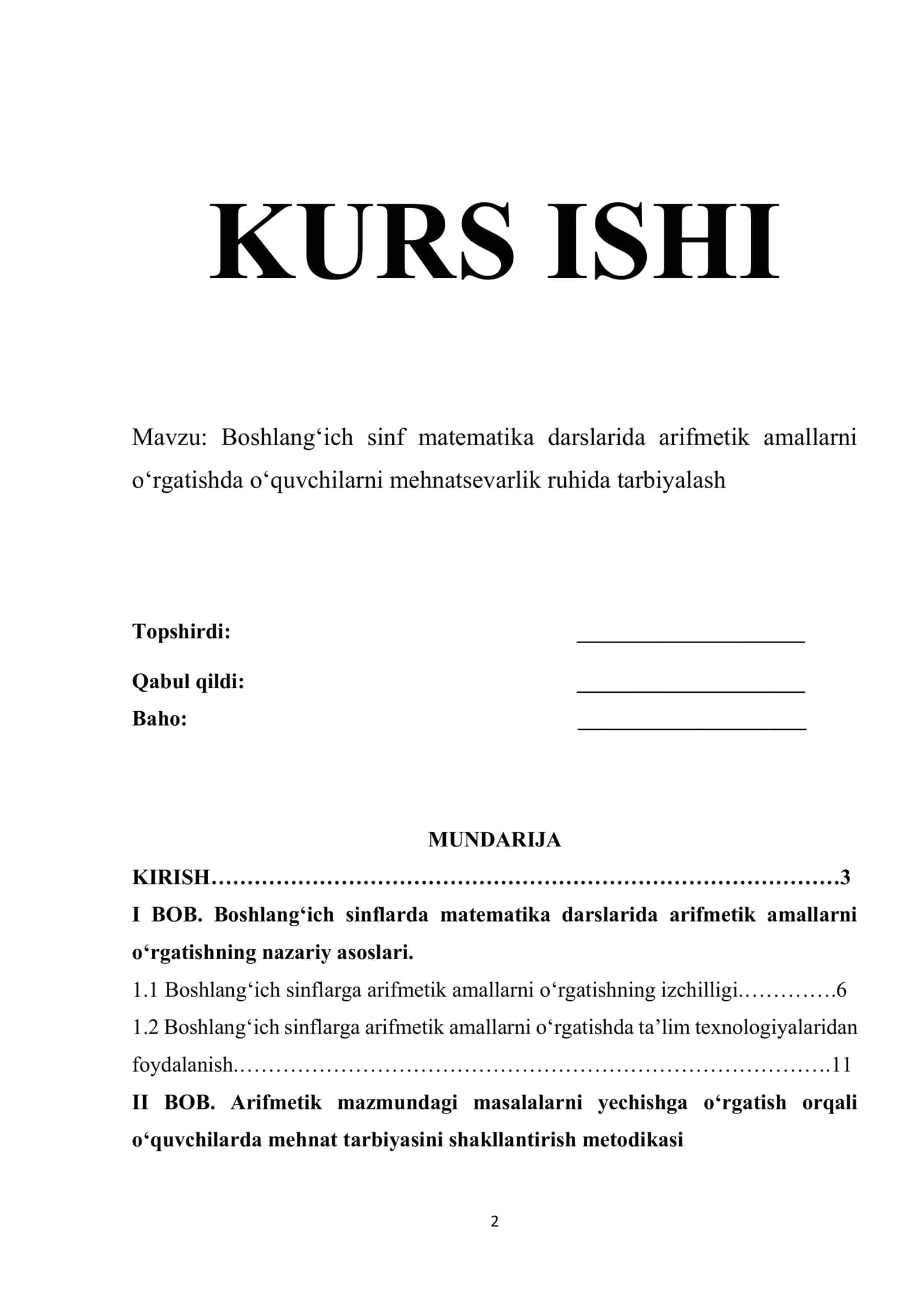 Boshlang‘ich sinf matematika darslarida arifmetik amallarni o‘rgatish
