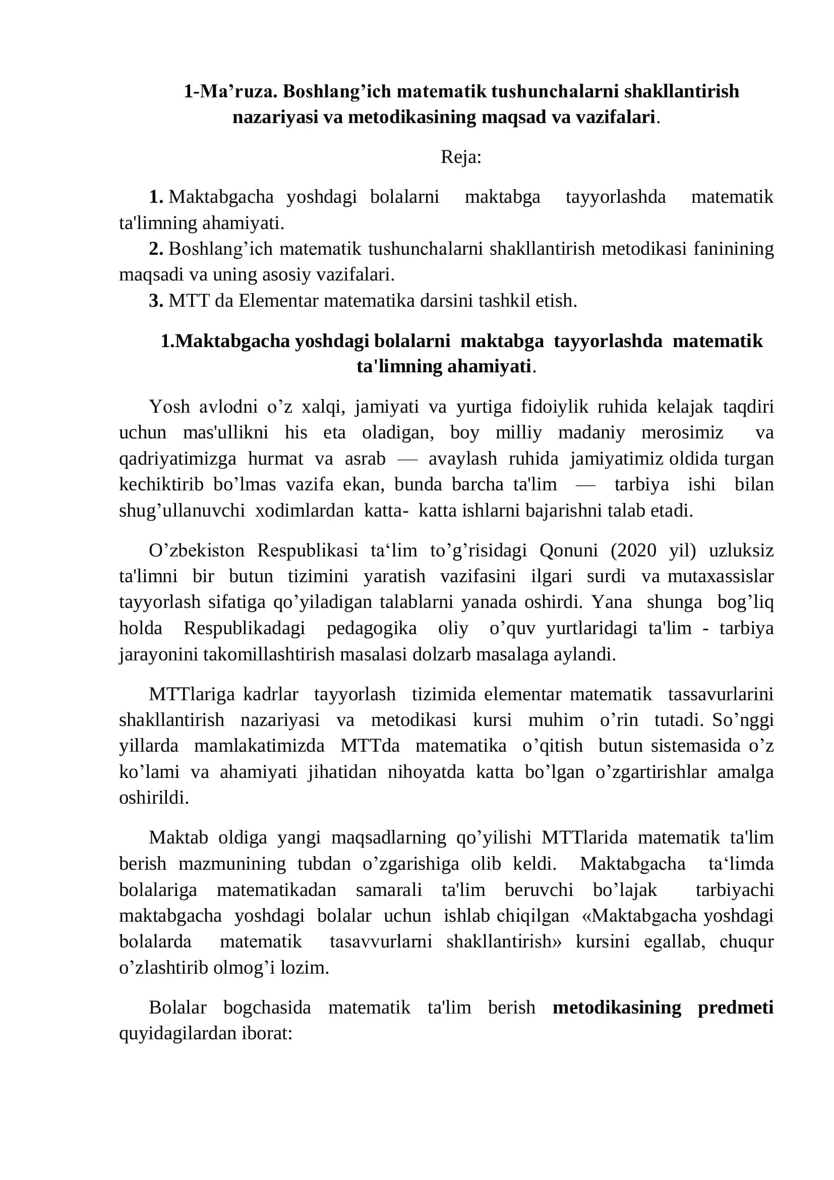Boshlang’ich matematik tushunchalarni shakllantirish nazariyasi va metodikasi