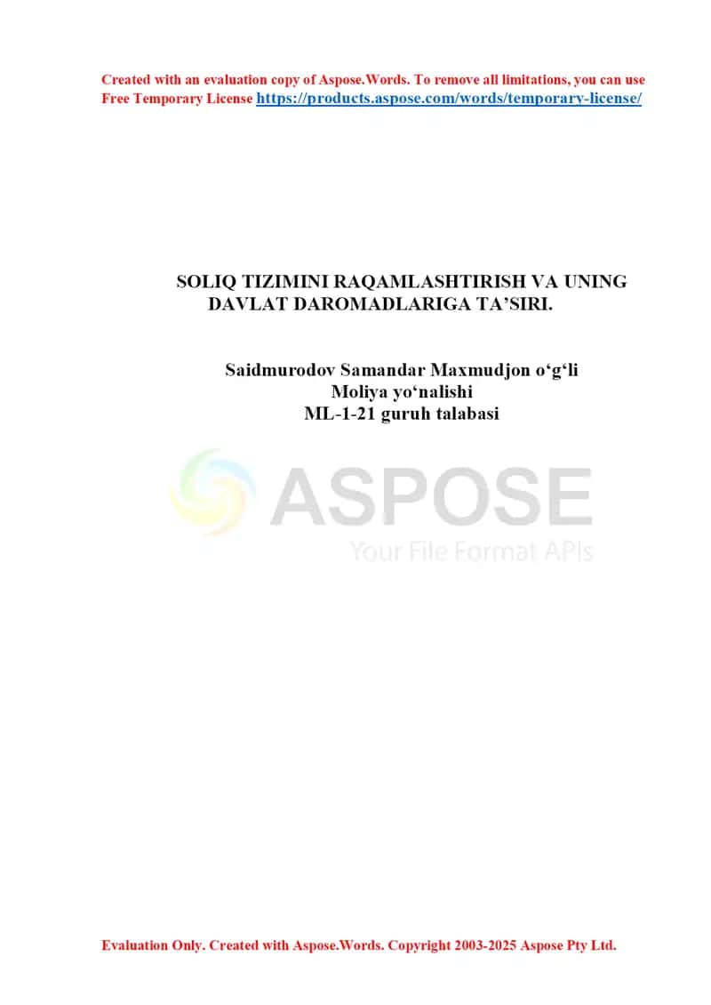 Soliq tizimini raqamlashtirish va uning davlat daromadlariga ta’siri