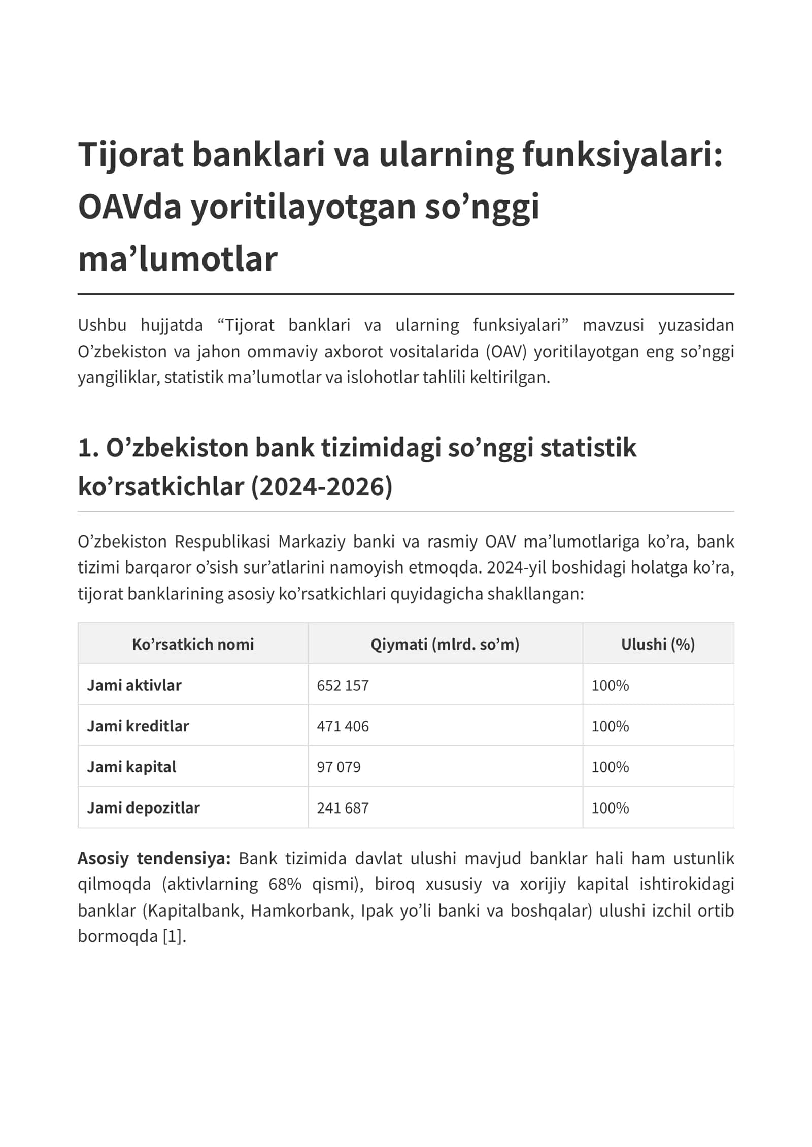Tijorat banklari va ularning funksiyalari