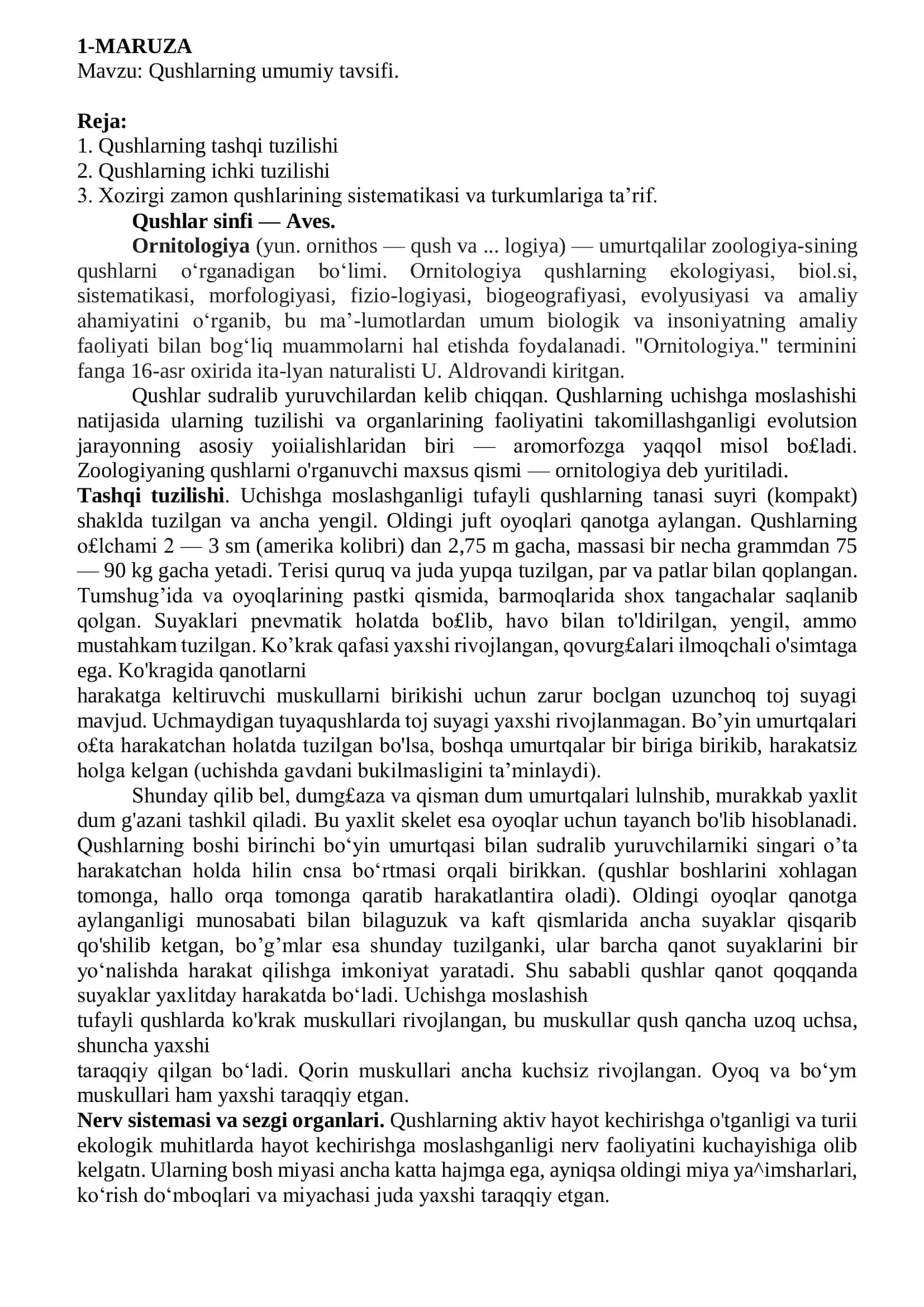 Qushlar haqida umumiy ma'lumotlar.