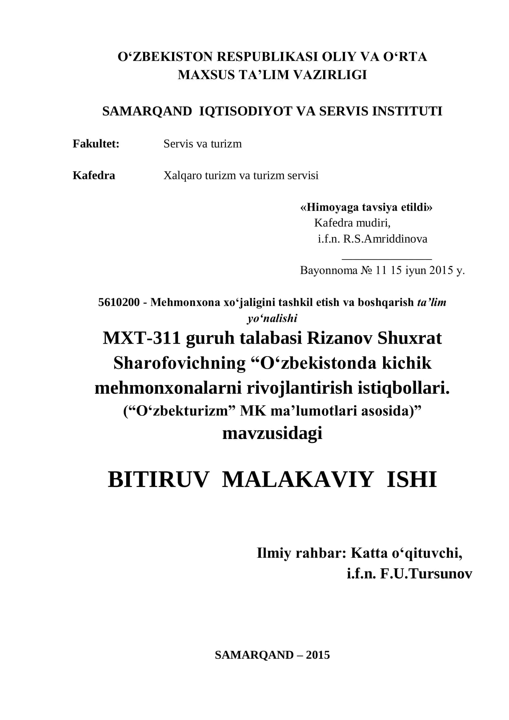 O‘zbekistonda kichik mehmonxonalarni rivojlantirish istiqbollari