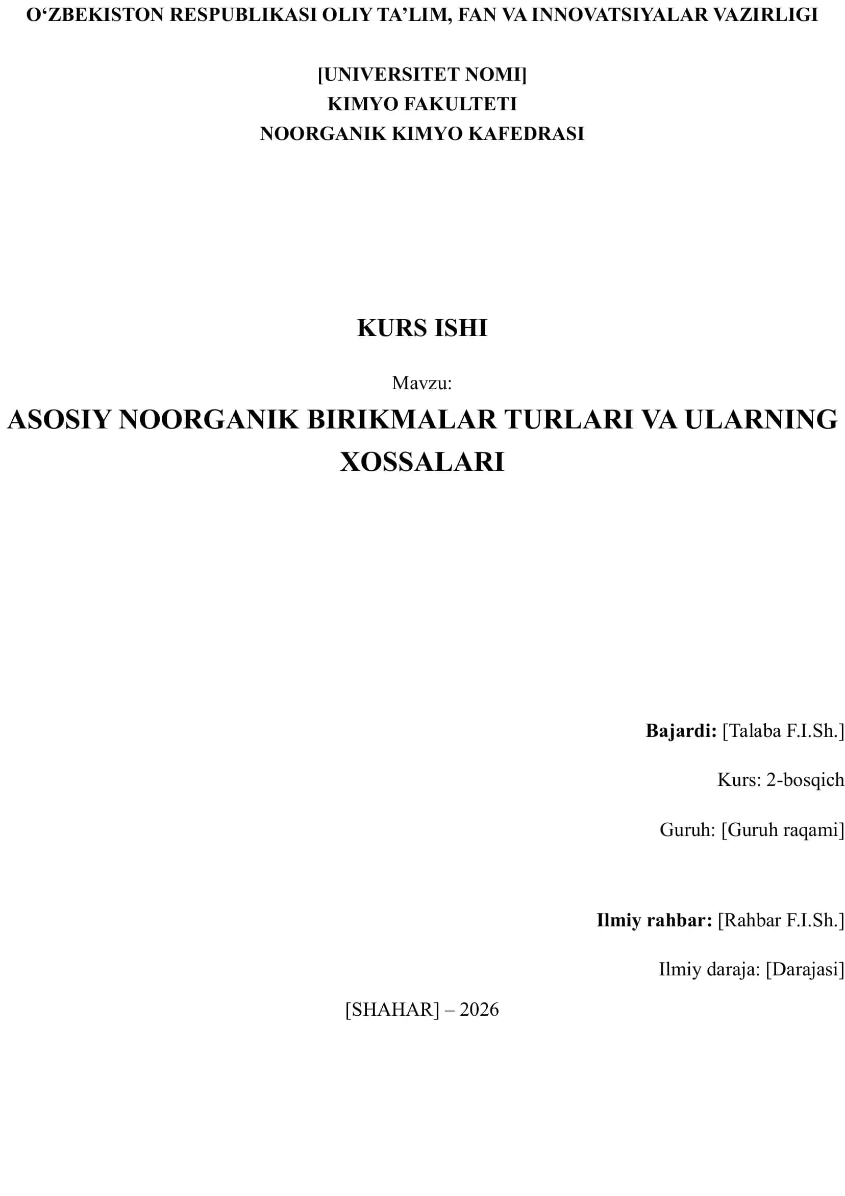ASOSIY NOORGANIK BIRIKMALAR TURLARI VA ULARNING XOSSALARI
