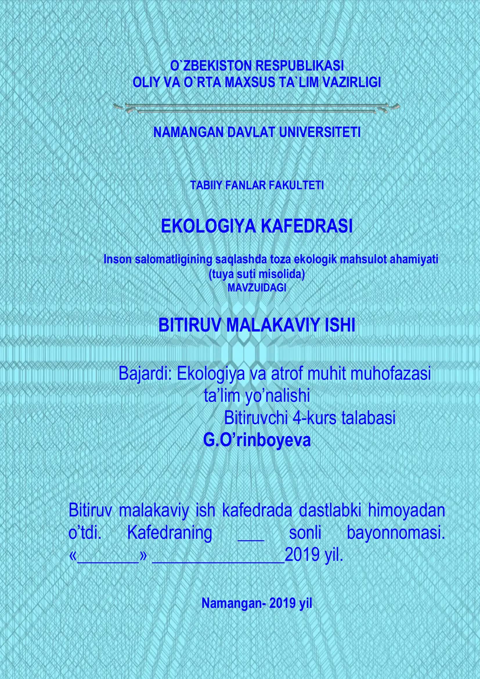 Inson salomatligining saqlashda toza ekologik mahsulot ahamiyati (tuya suti misolida)