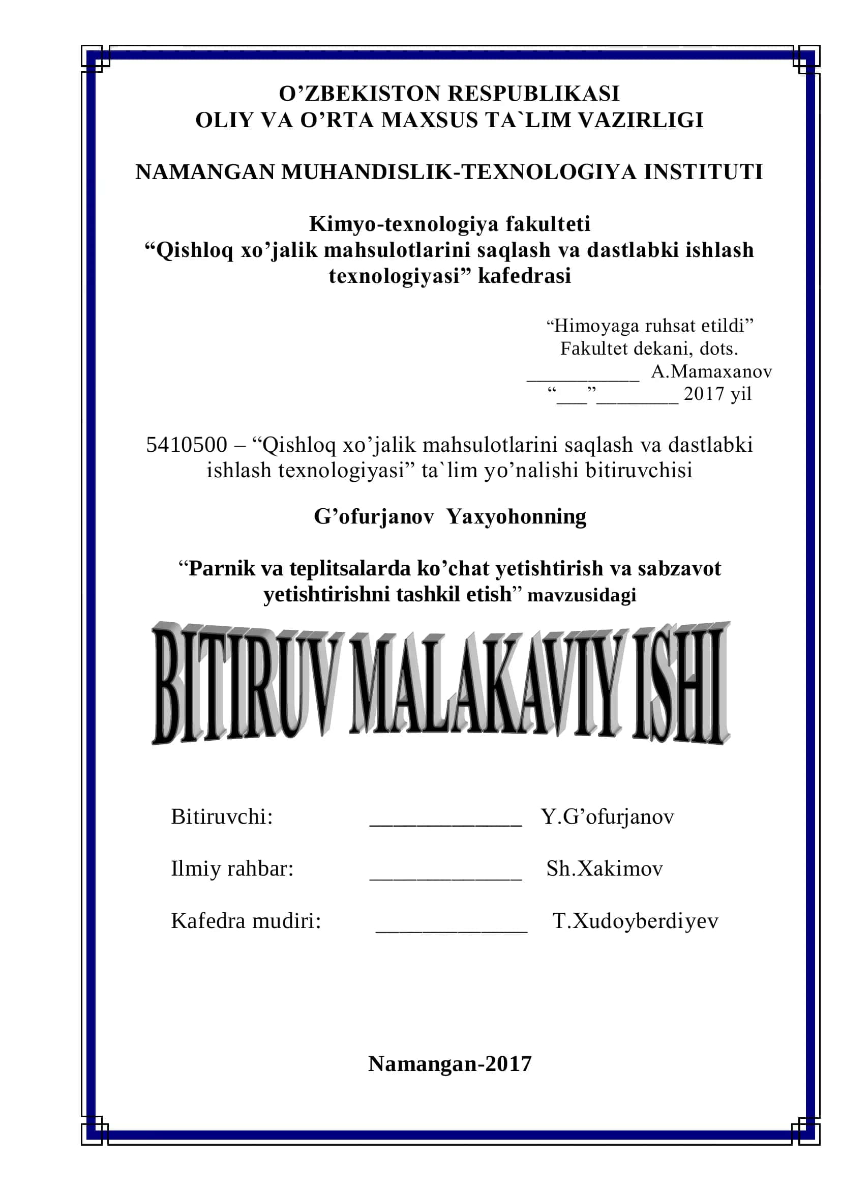 Qishloq xo'jalik mahsulotlarini saqlash va dastlabki ishlash texnologiyasi