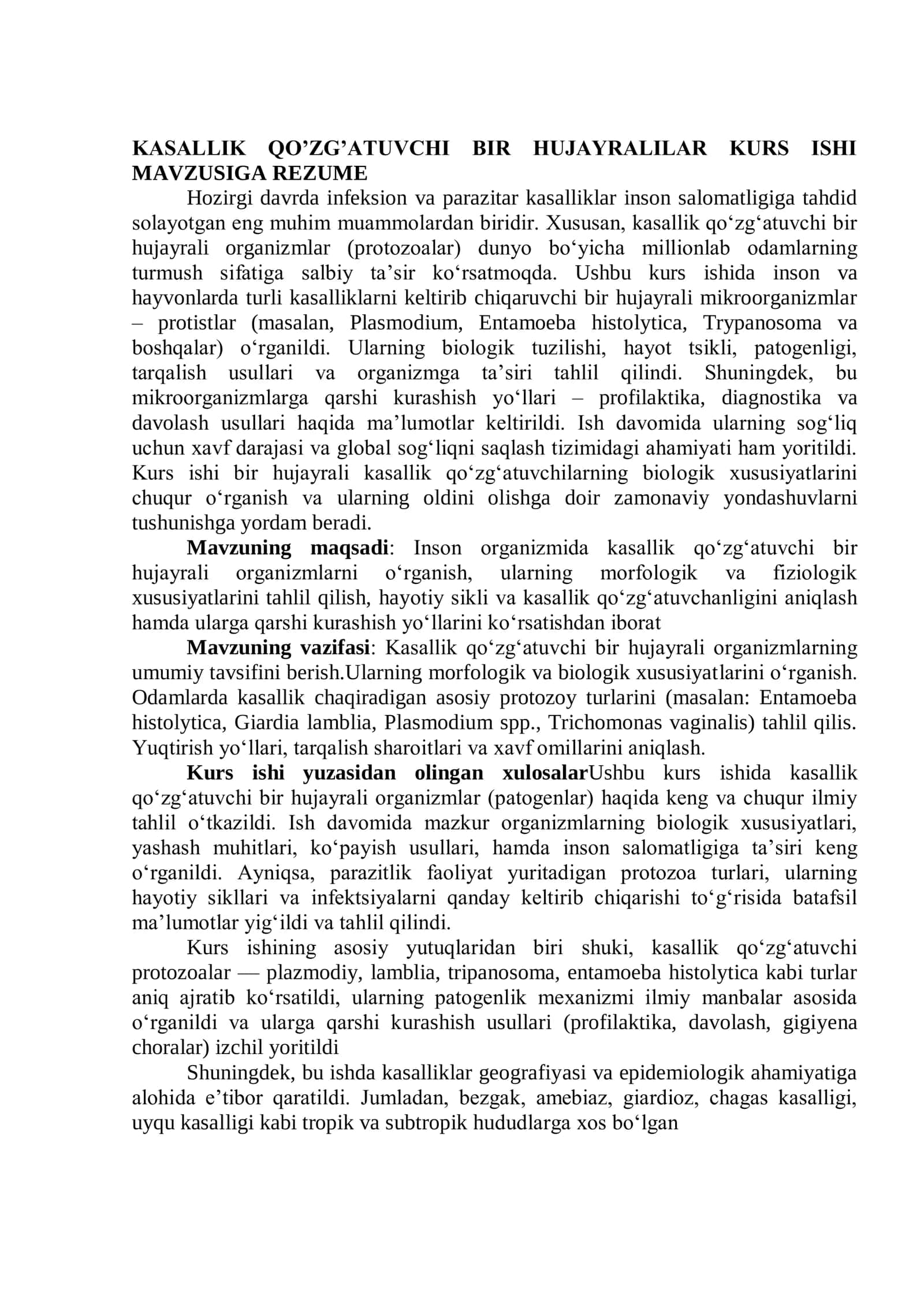 KASALLIK QO’ZG’ATUVCHI BIR HUJAYRALILAR KURS ISHI
