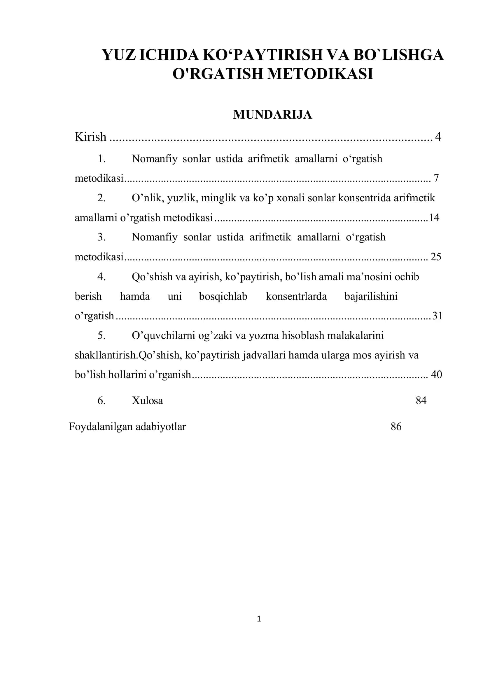 YUZ ICHIDA KOʻPAYTIRISH VA BO`LISHGA O'RGATISH METODIKASI