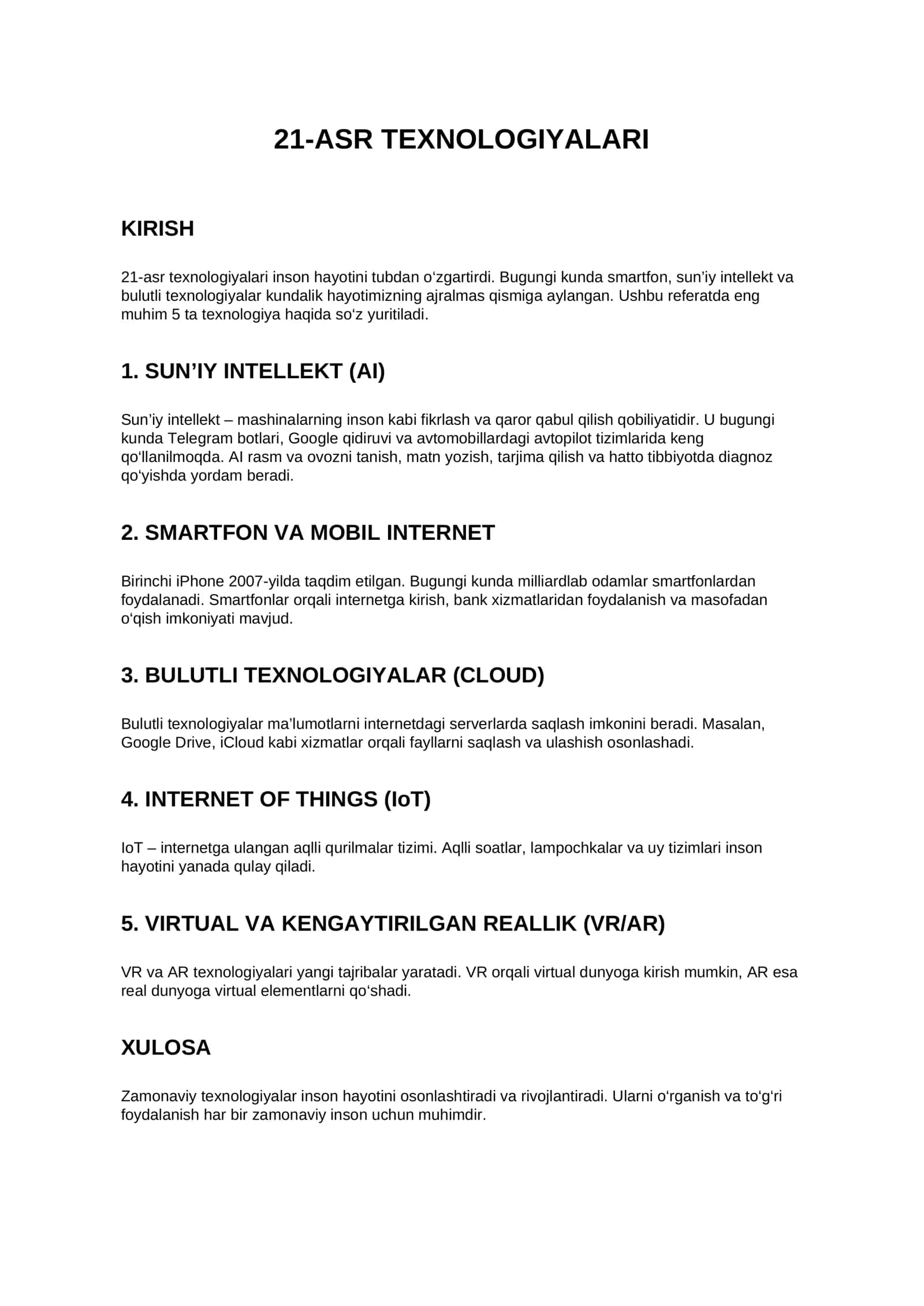 Zamonaviy texnologiyalar: Sun’iy intellekt, IoT va VR haqida tayyor referat