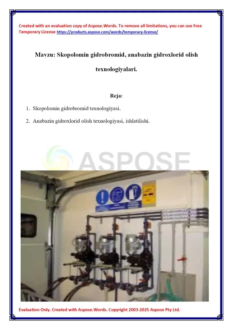 Skopolomin gidrobromid, anabazin gidroxlorid olish texnologiyalari.