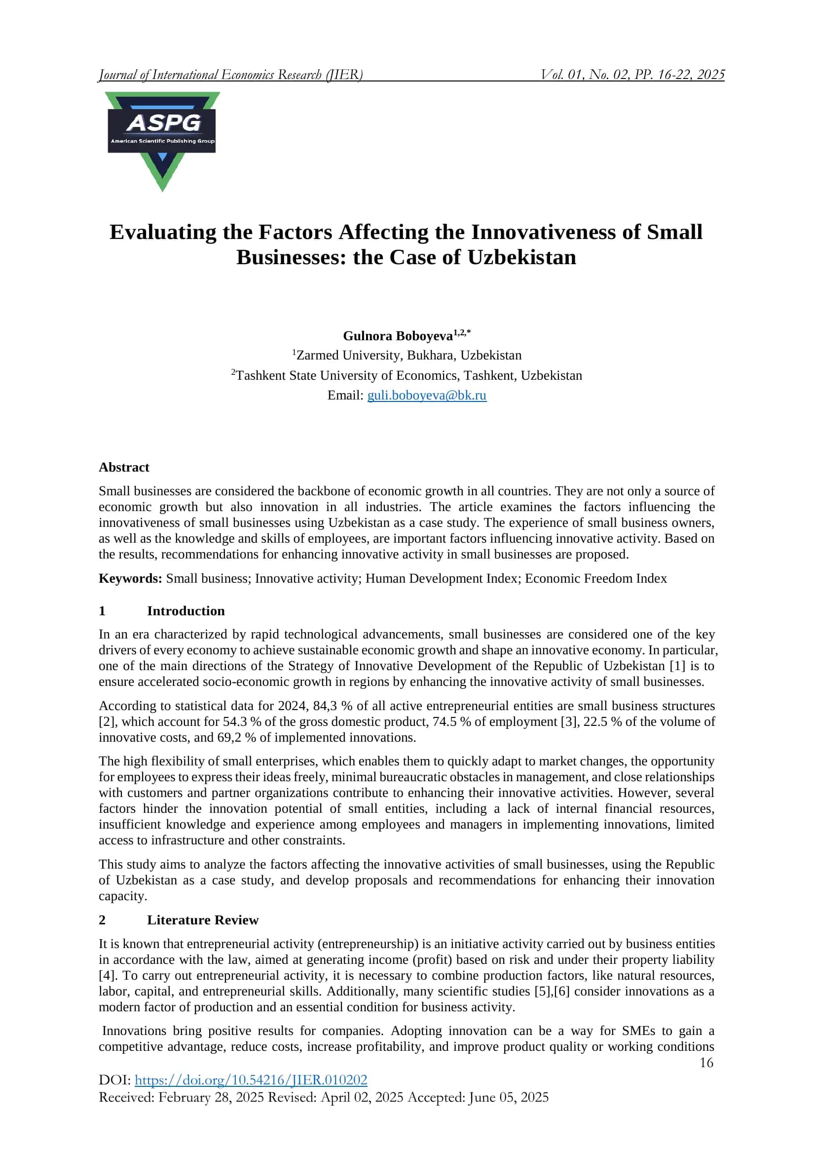 Evaluating the Factors Affecting the Innovativeness of Small Businesses: the Case of Uzbekistan