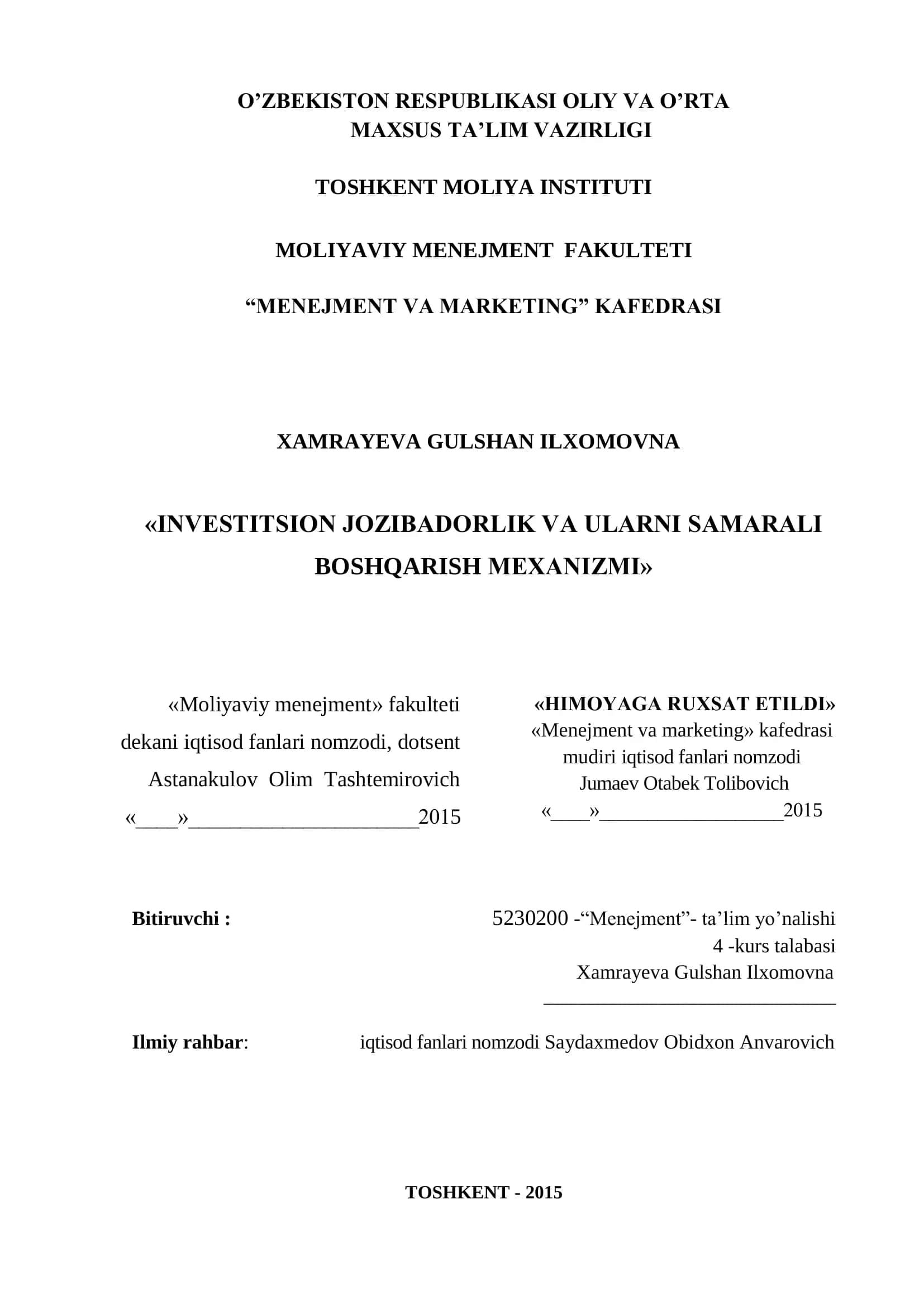 INVESTITSION JOZIBADORLIK VA ULARNI SAMARALI BOSHQARISH MEXANIZMI